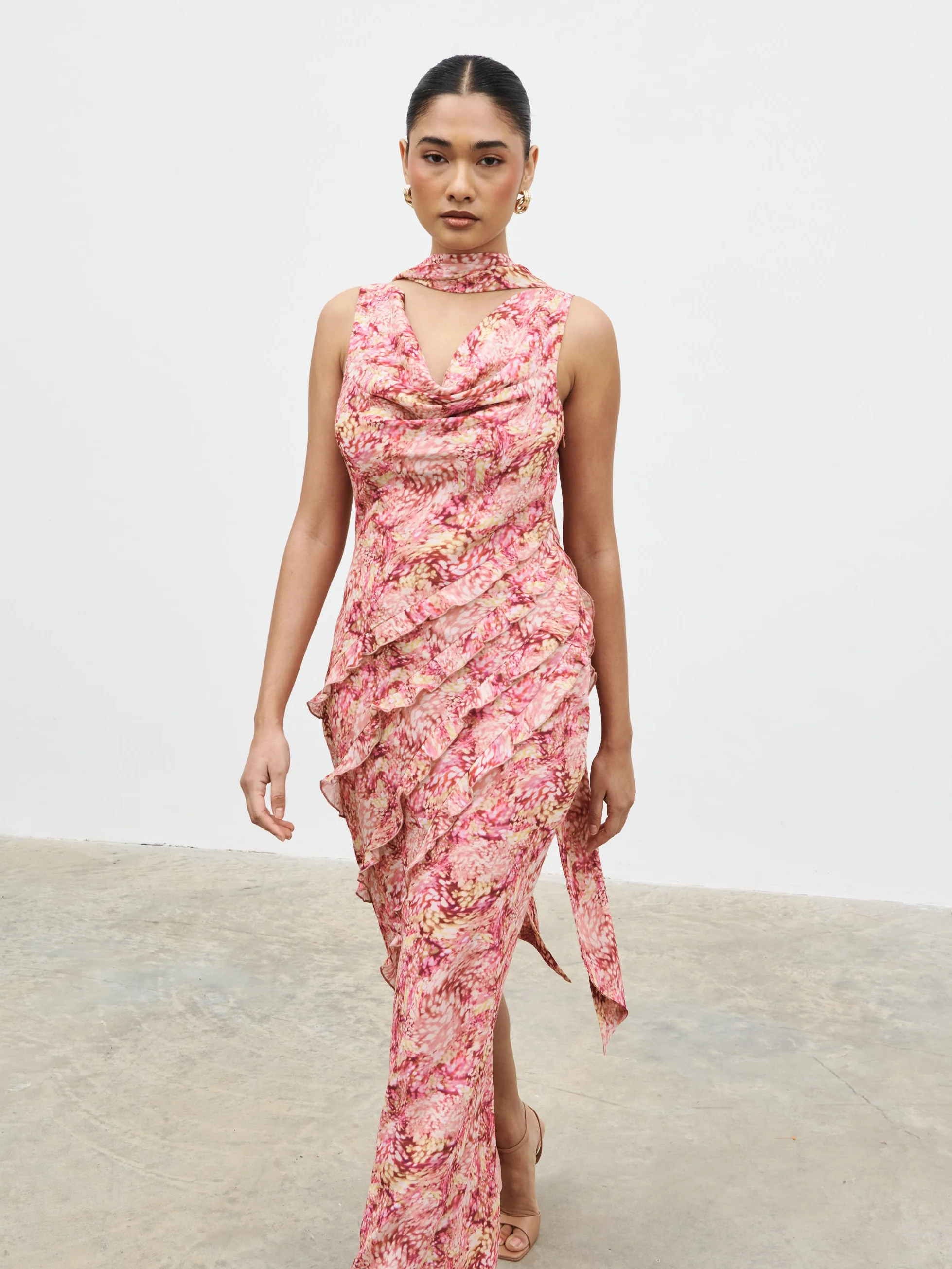Constance Scarf Ruffle Maxi Dress - Berry Multi Abstract - Image 3