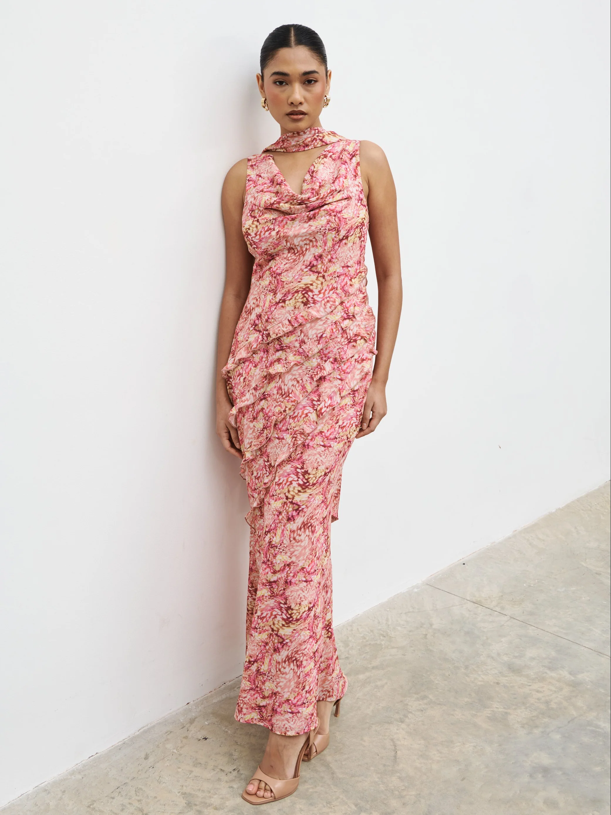 Constance Scarf Ruffle Maxi Dress - Berry Multi Abstract - Image 4