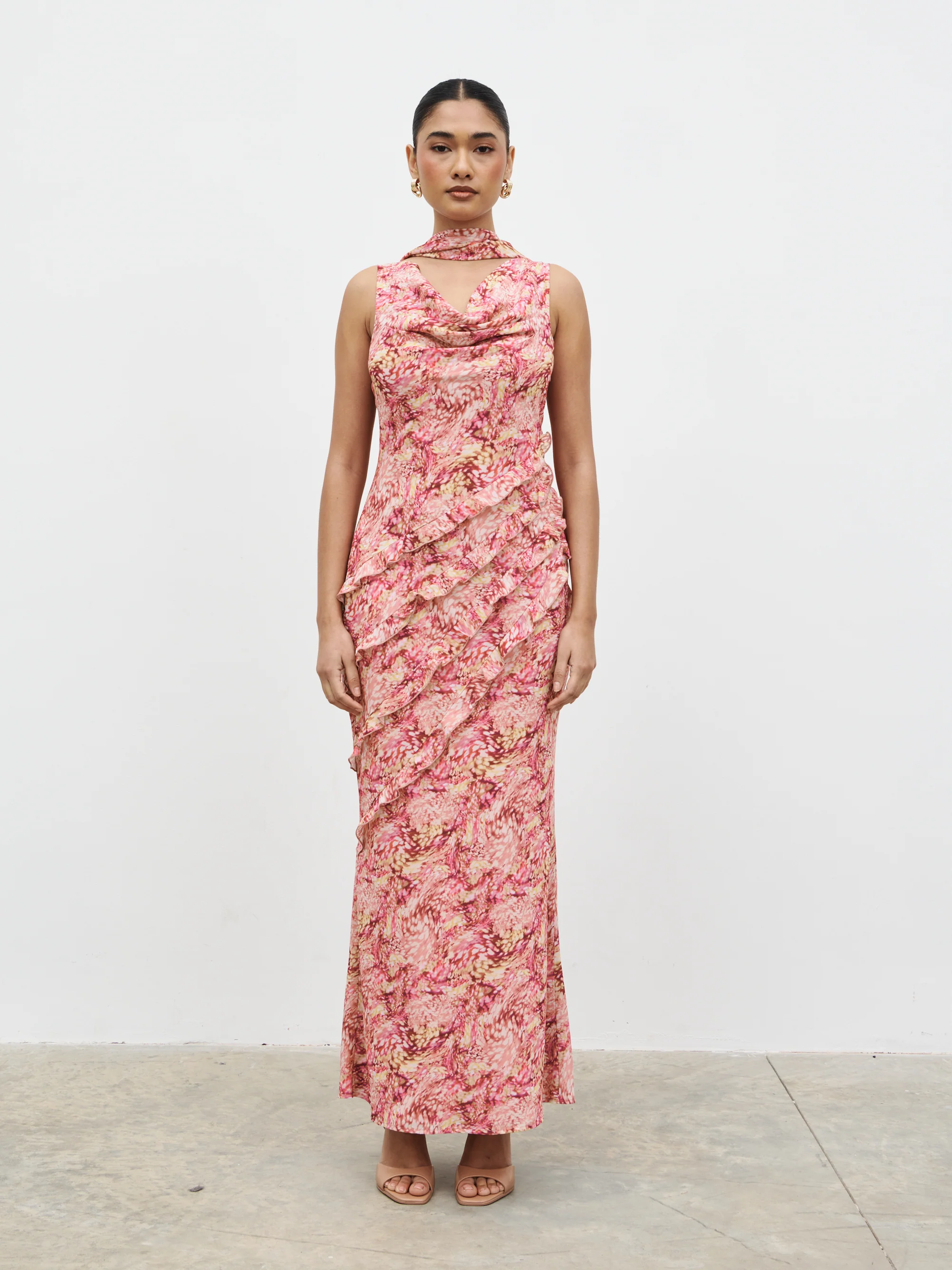 Constance Scarf Ruffle Maxi Dress - Berry Multi Abstract - Image 7