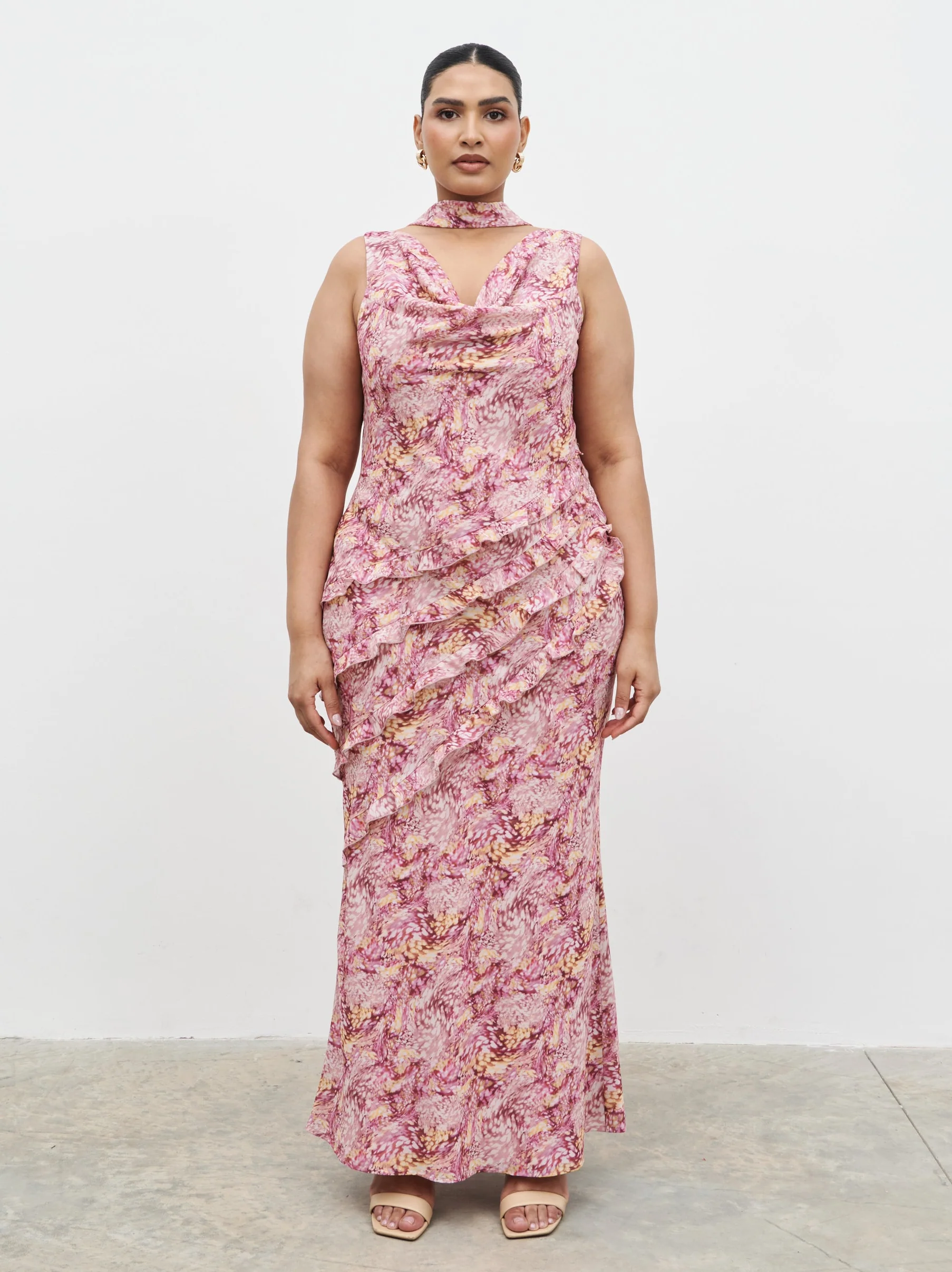 Constance Scarf Ruffle Maxi Dress Curve - Berry Multi Abstract - Image 8