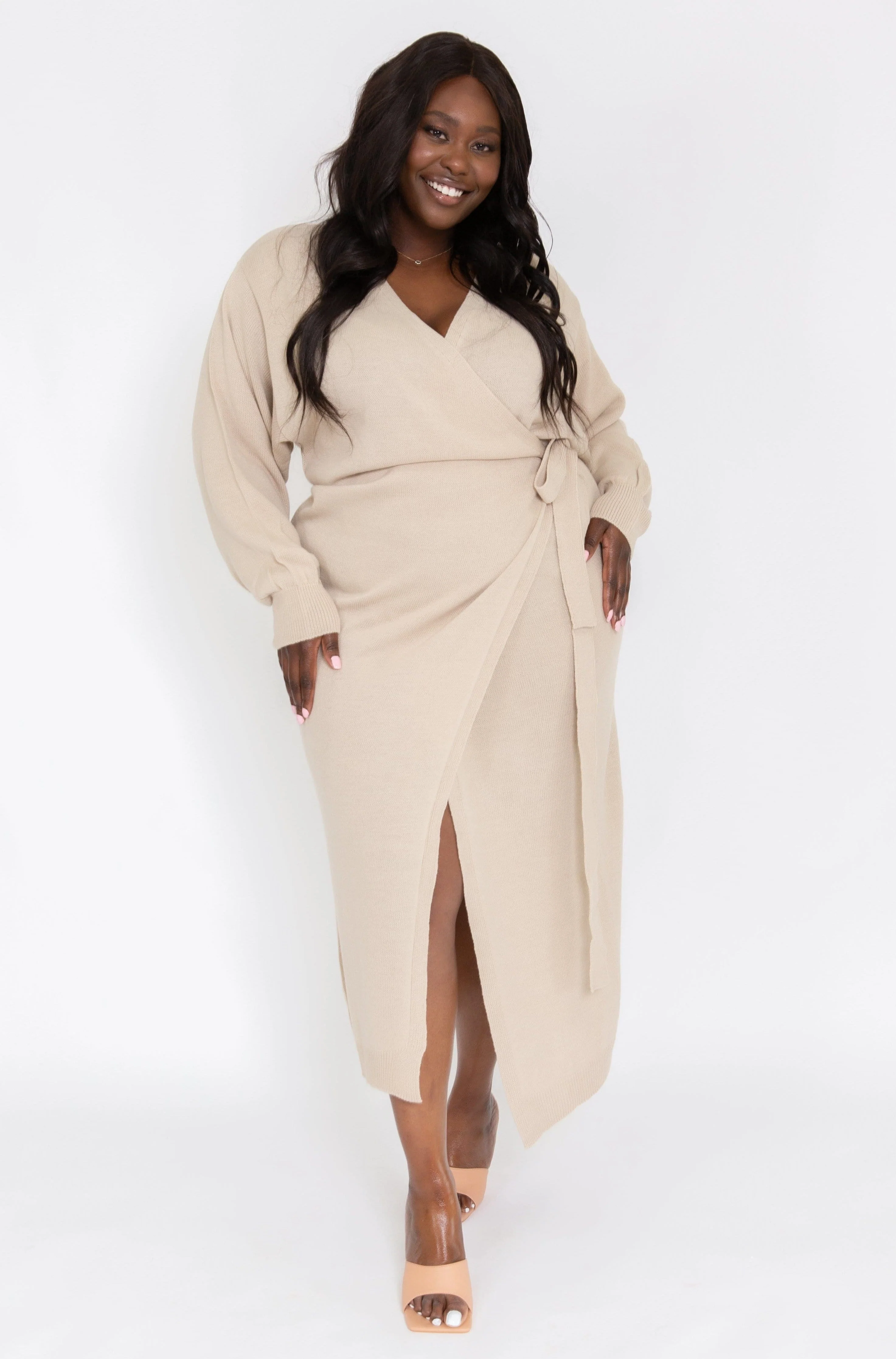 Curve Beau Wrap Midi Dress - Beige