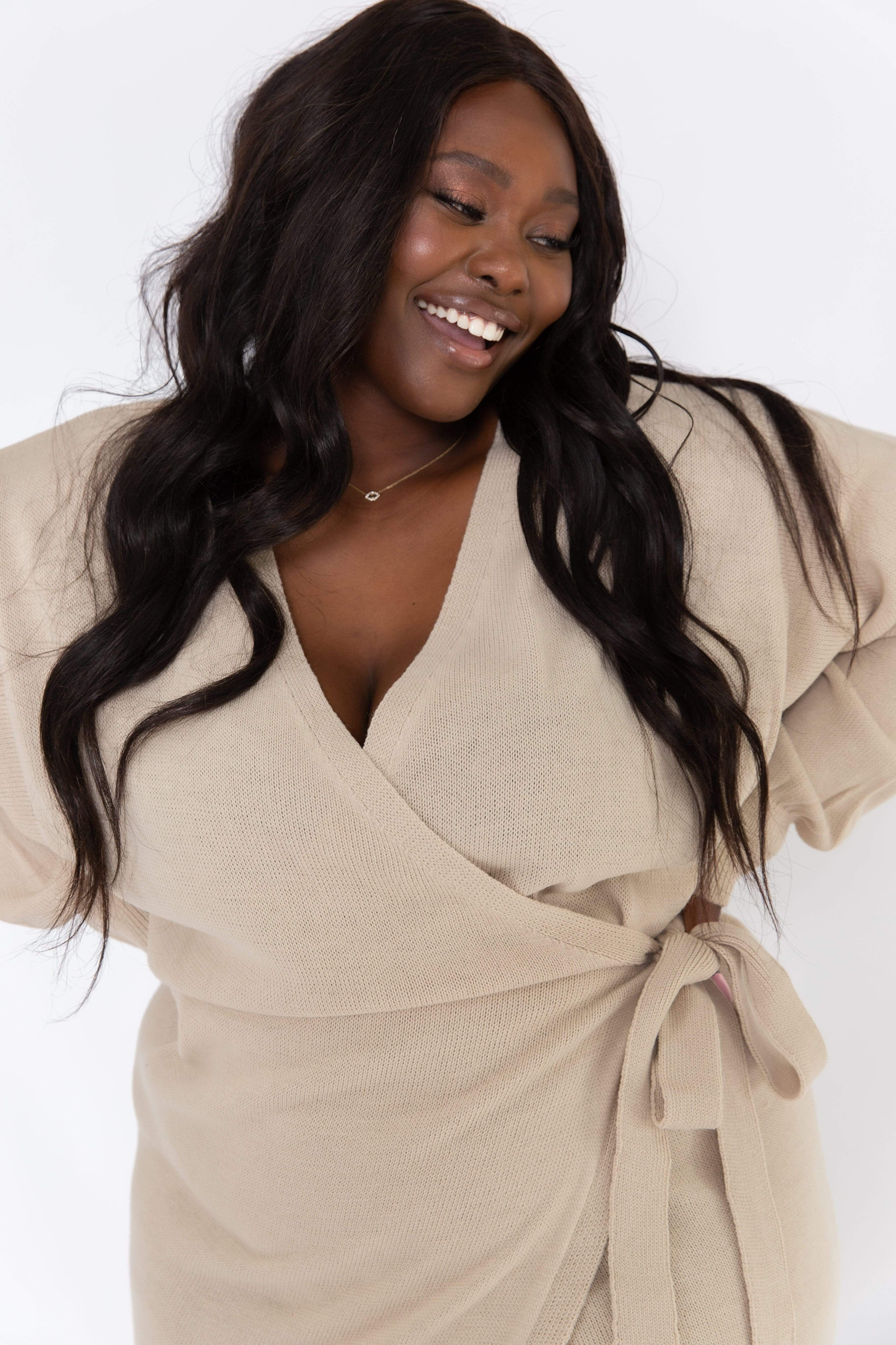 Curve Beau Wrap Midi Dress - Beige - Image 2