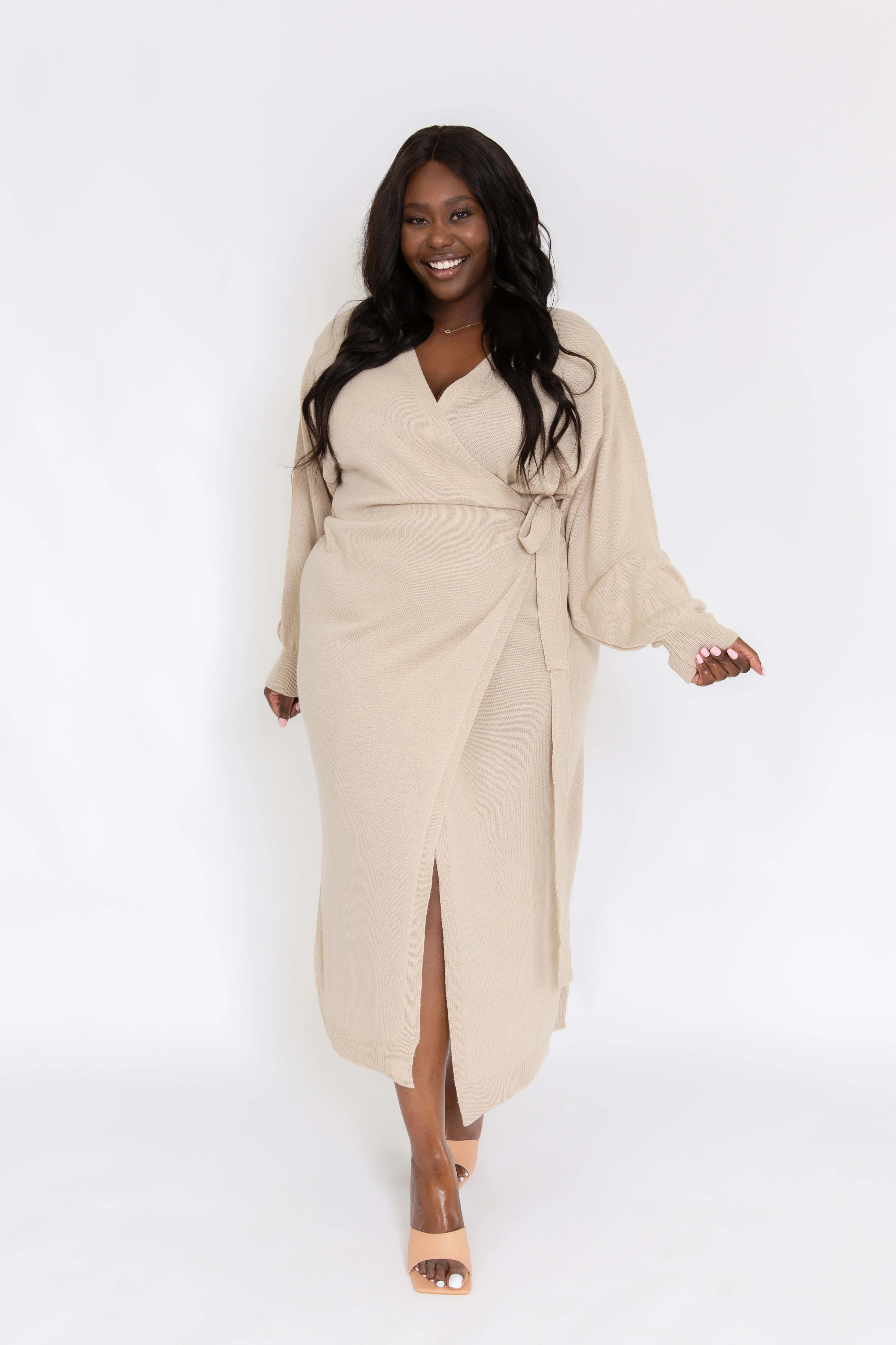 Curve Beau Wrap Midi Dress - Beige - Image 3