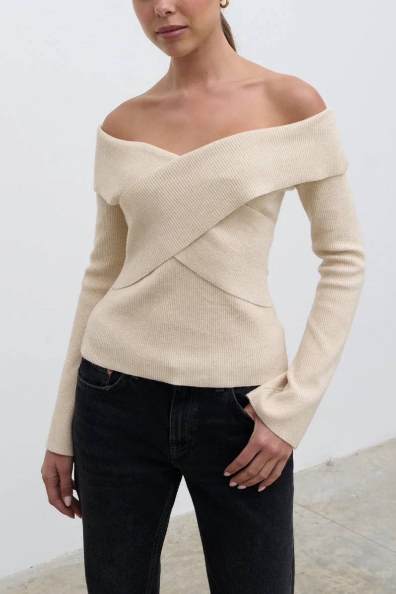 Daphne Cross Over Knit Top - Cream - Image 4