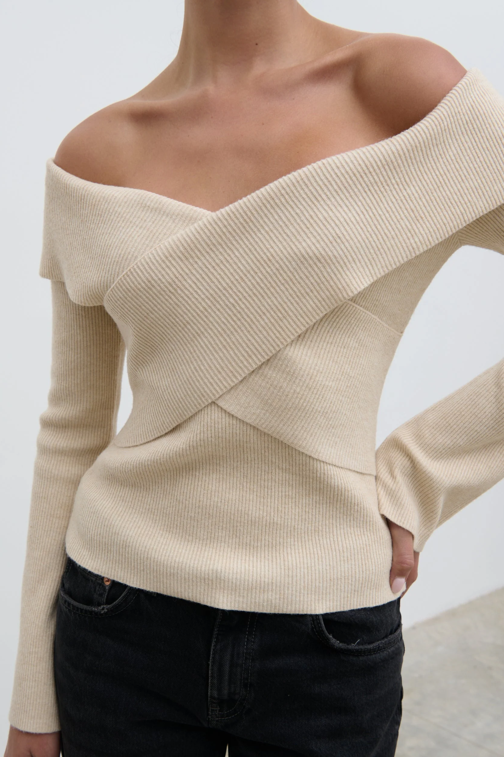 Daphne Cross Over Knit Top - Cream - Image 6