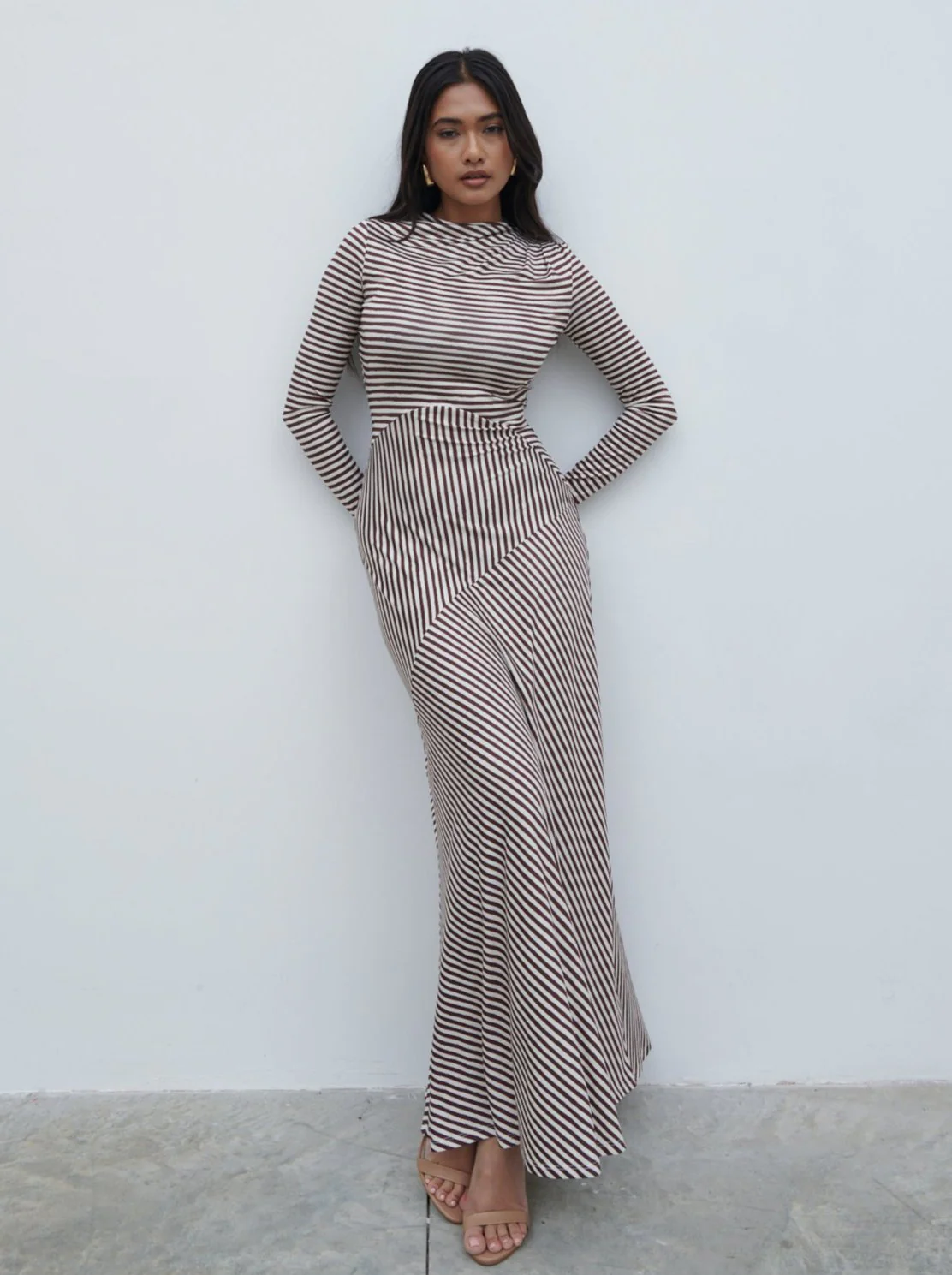 Delilah Asymmetric Jersey Maxi Dress - Brown and Cream Stripe