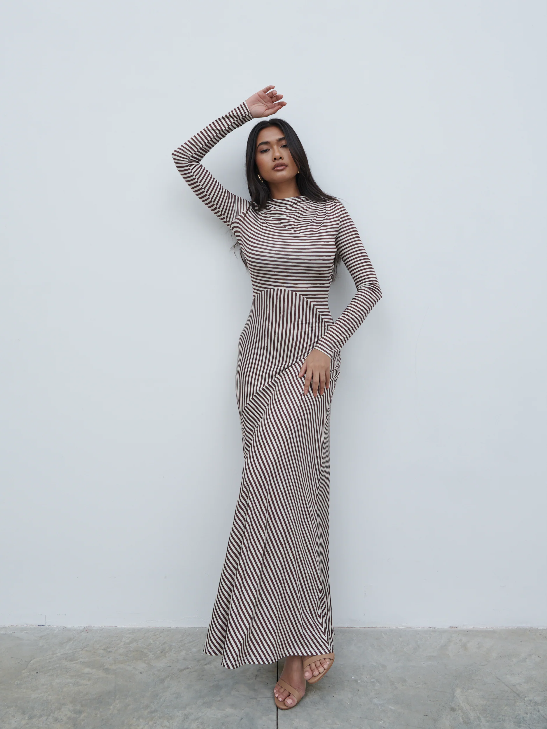 Delilah Asymmetric Jersey Maxi Dress - Brown and Cream Stripe - Image 6