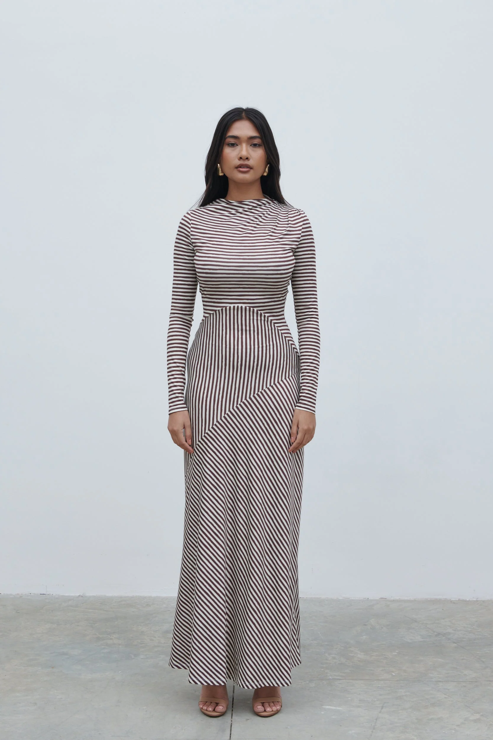 Delilah Asymmetric Jersey Maxi Dress - Brown and Cream Stripe - Image 7