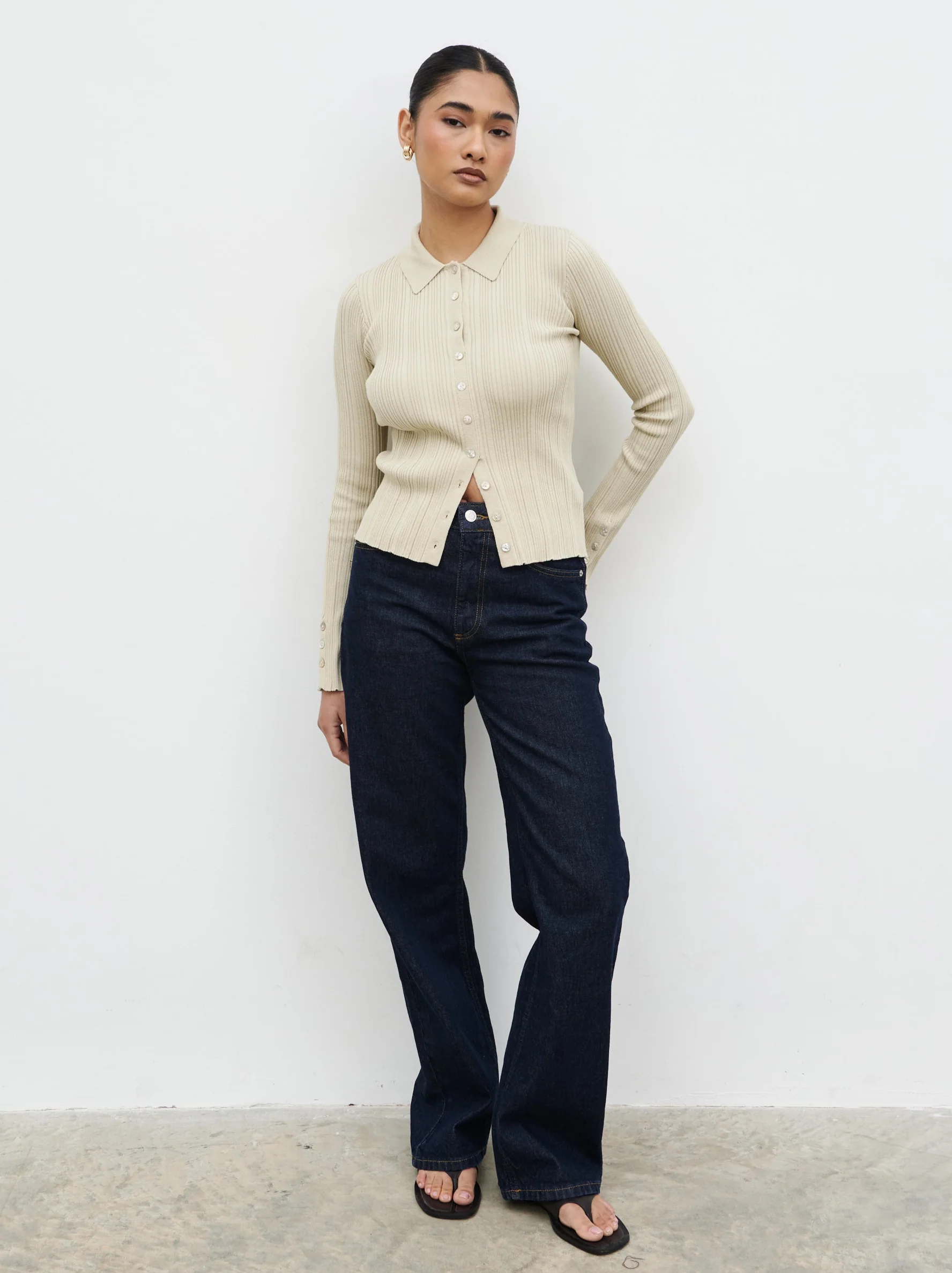 Denver Buttoned Long Sleeve Knit Top - Taupe - Image 2