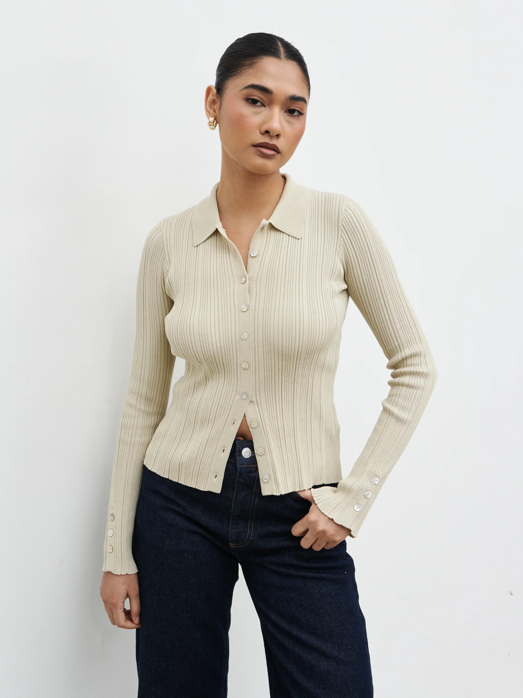Denver Buttoned Long Sleeve Knit Top - Taupe - Image 3