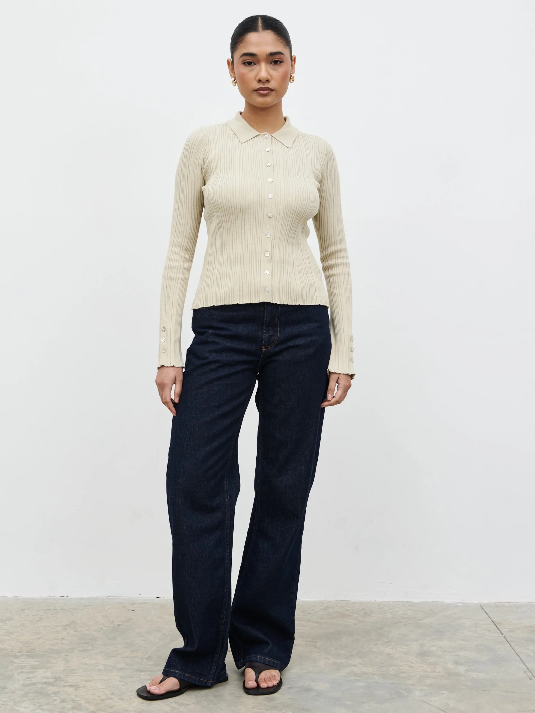 Denver Buttoned Long Sleeve Knit Top - Taupe - Image 6