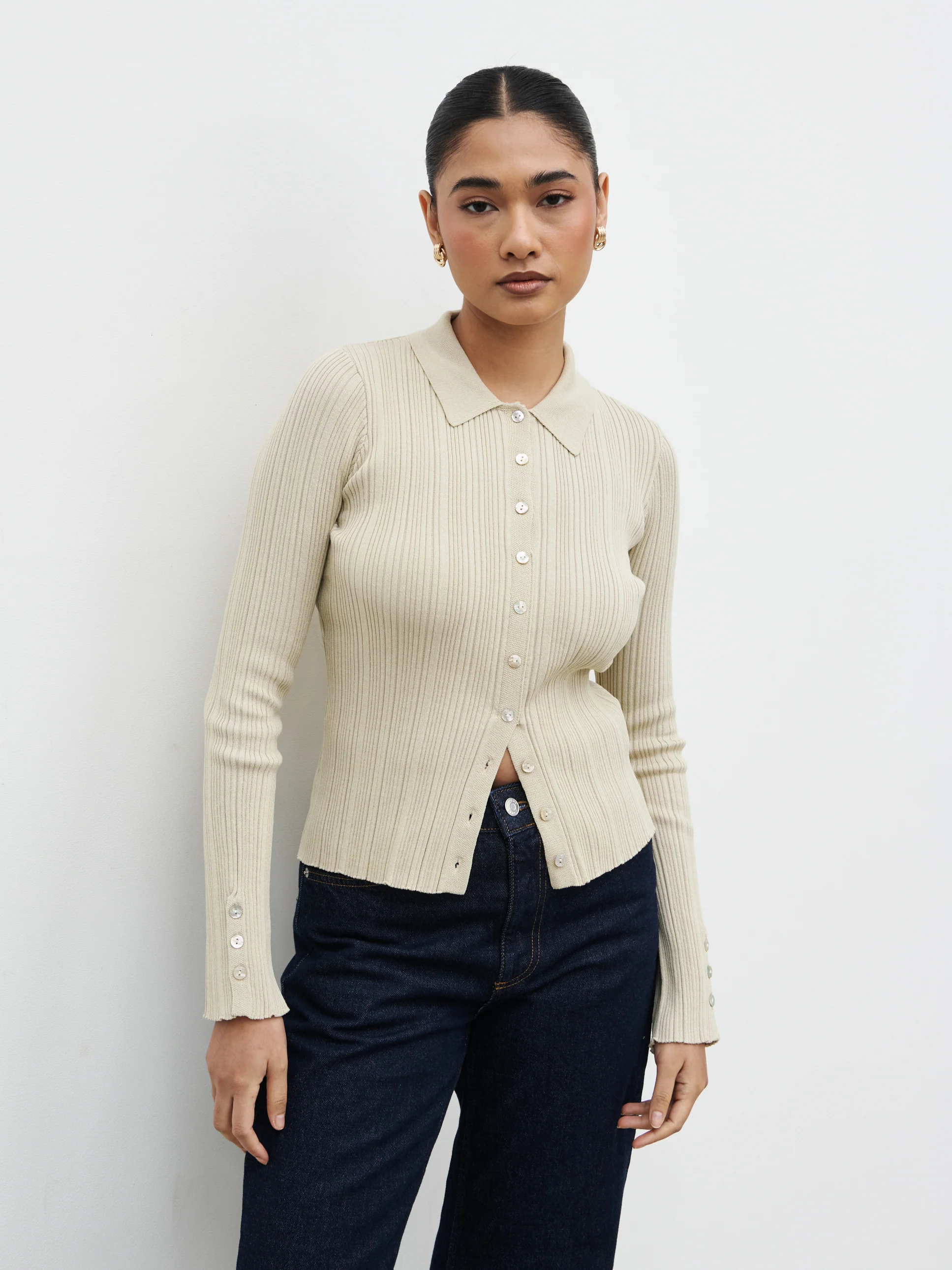 Denver Buttoned Long Sleeve Knit Top - Taupe - Image 7