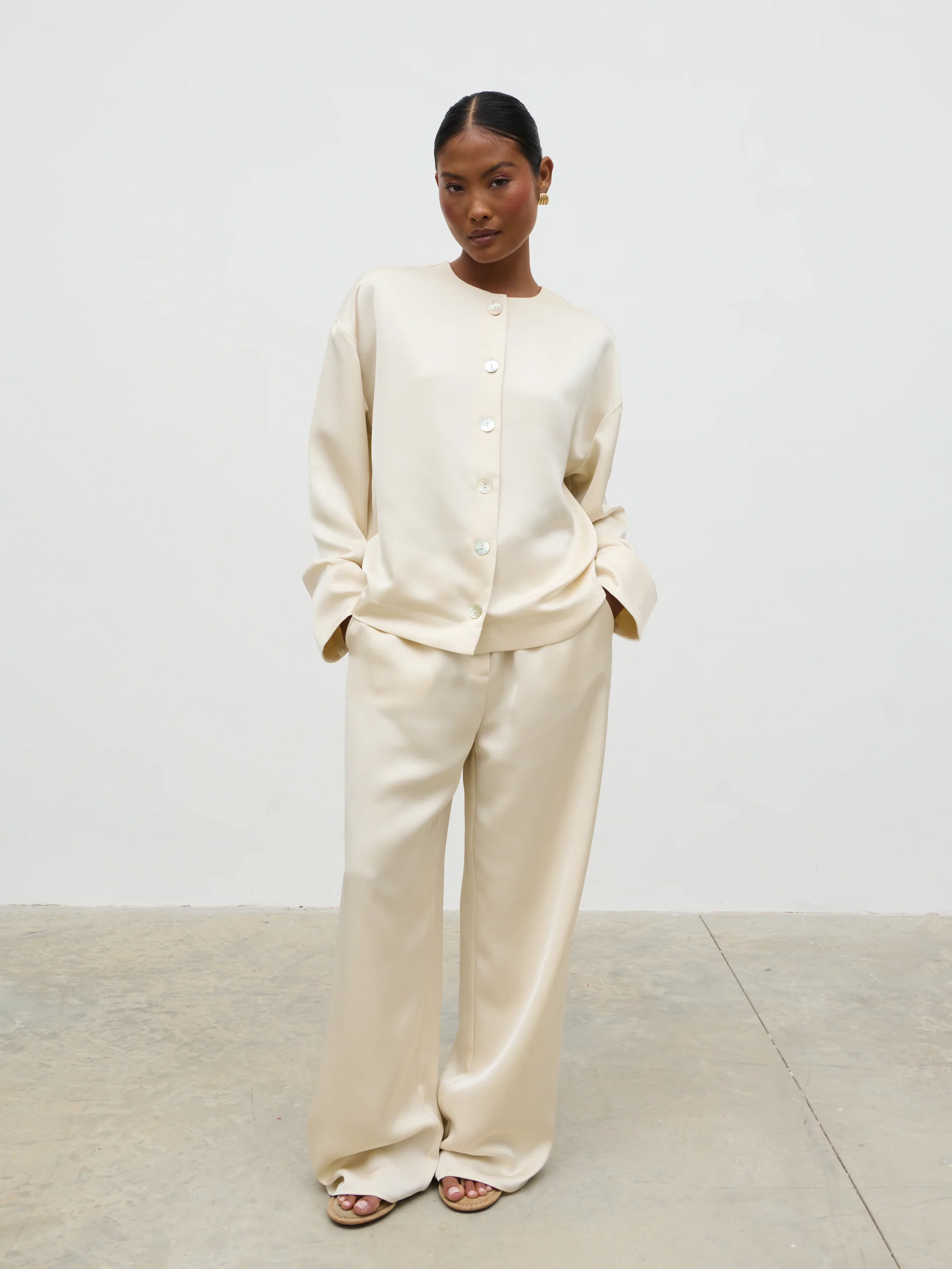 Dua Satin Button Blouse - Oyster - Image 3