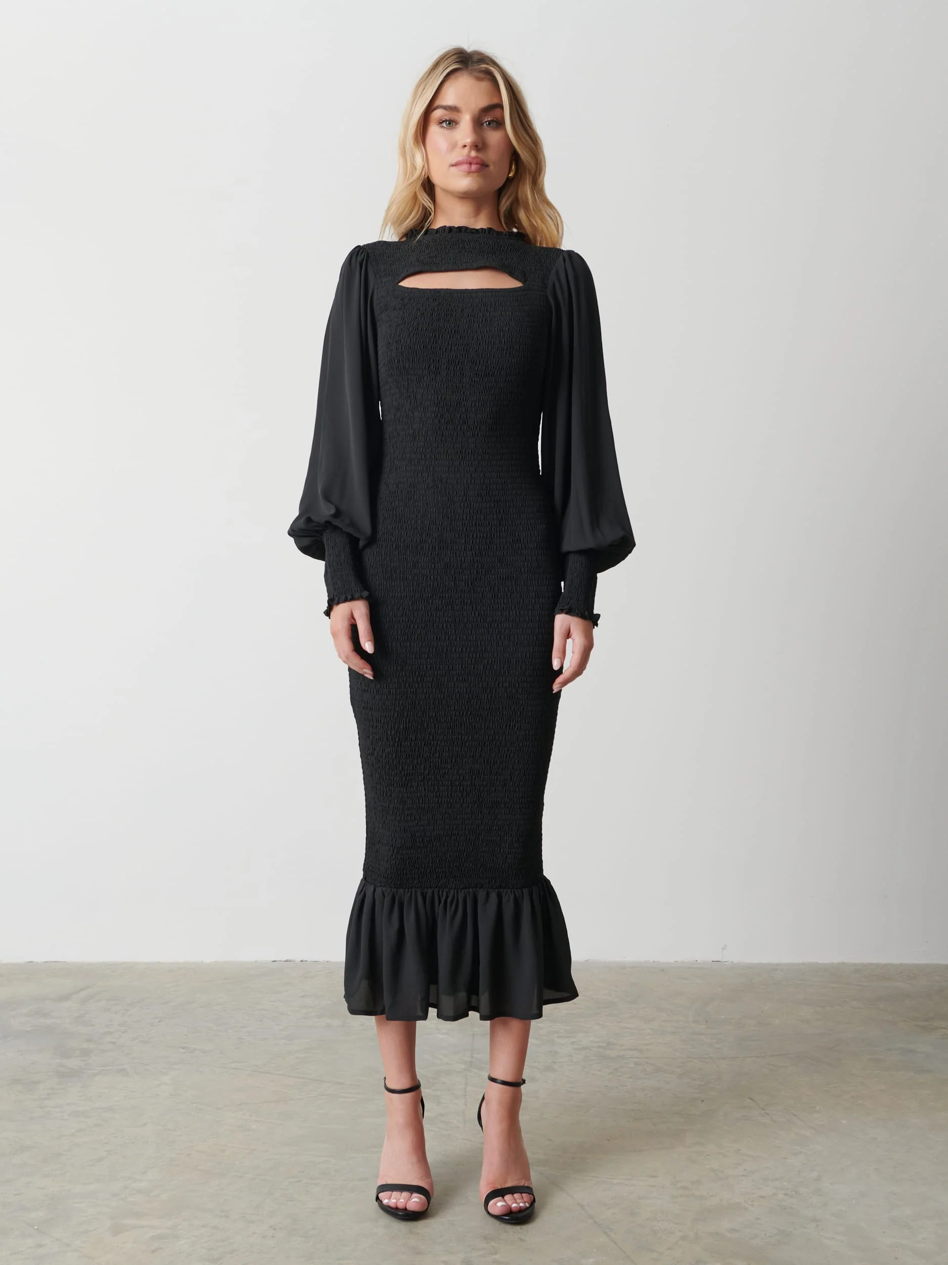 Elise Cut Out Shirred Midaxi Dress - Black - Image 4