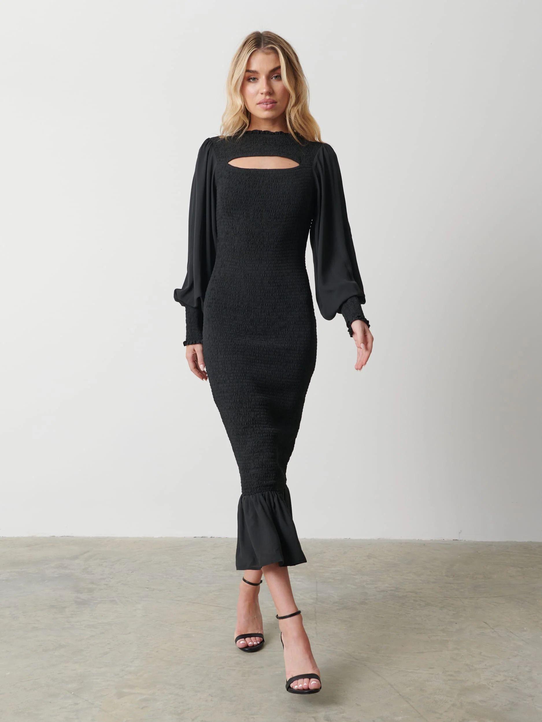 Elise Cut Out Shirred Midaxi Dress - Black - Image 6