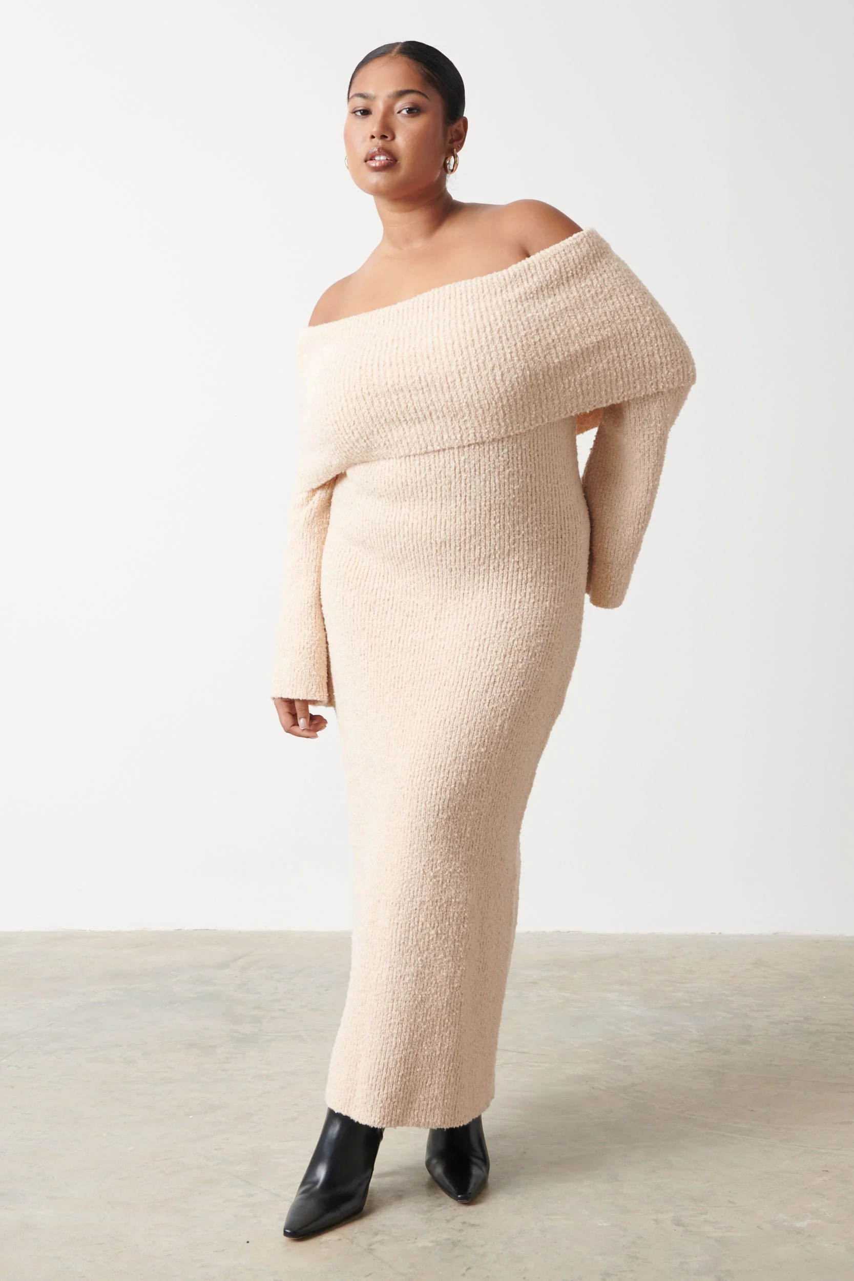 Elodie Midaxi Bardot Knit Dress Curve - Ecru - Image 3
