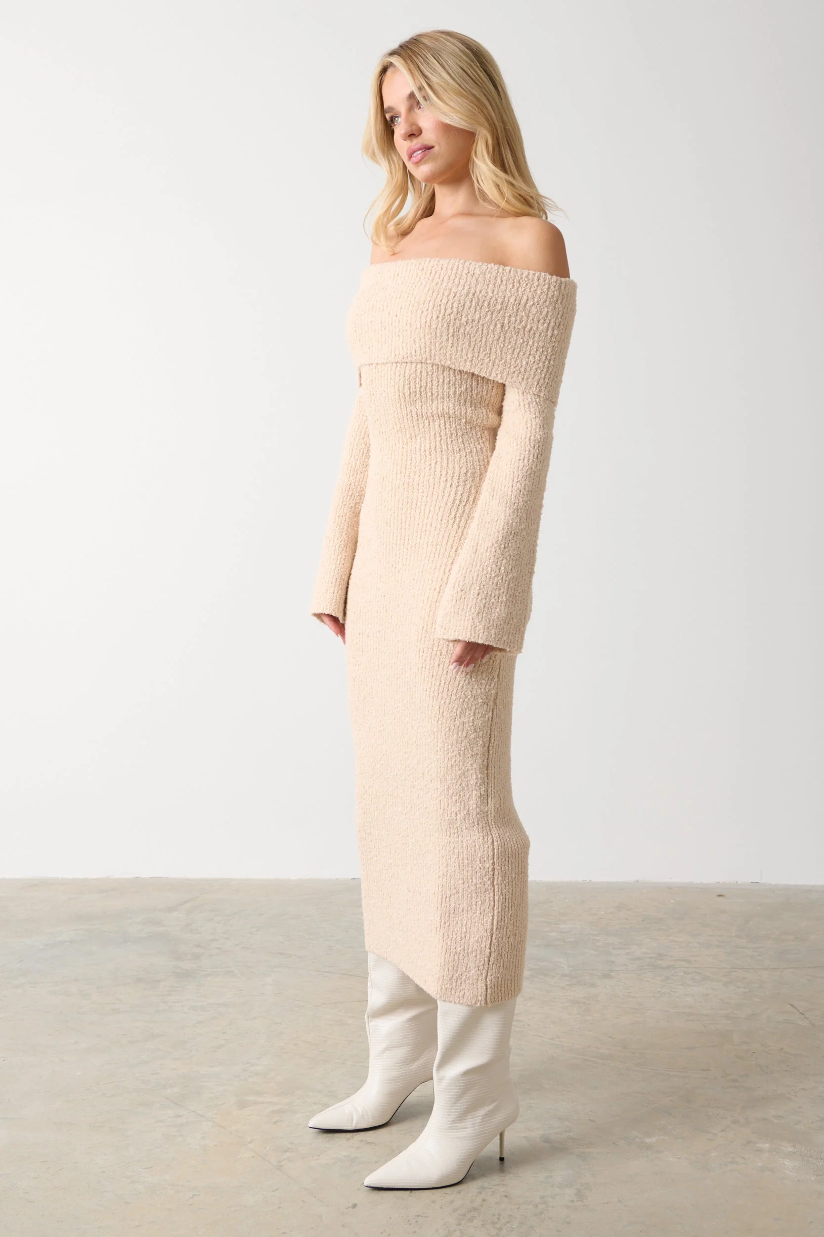 Elodie Midaxi Bardot Knit Dress - Ecru - Image 5