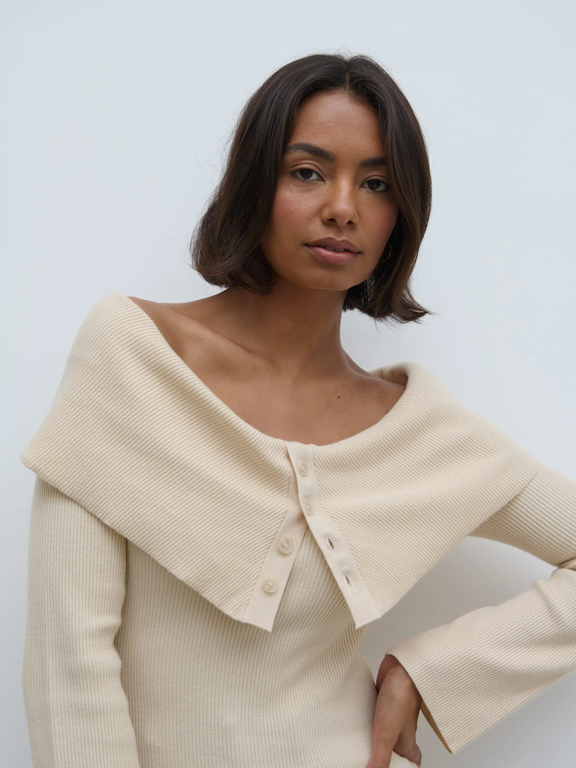 Elora Bardot Button Front Knit Top - Oatmeal - Image 2
