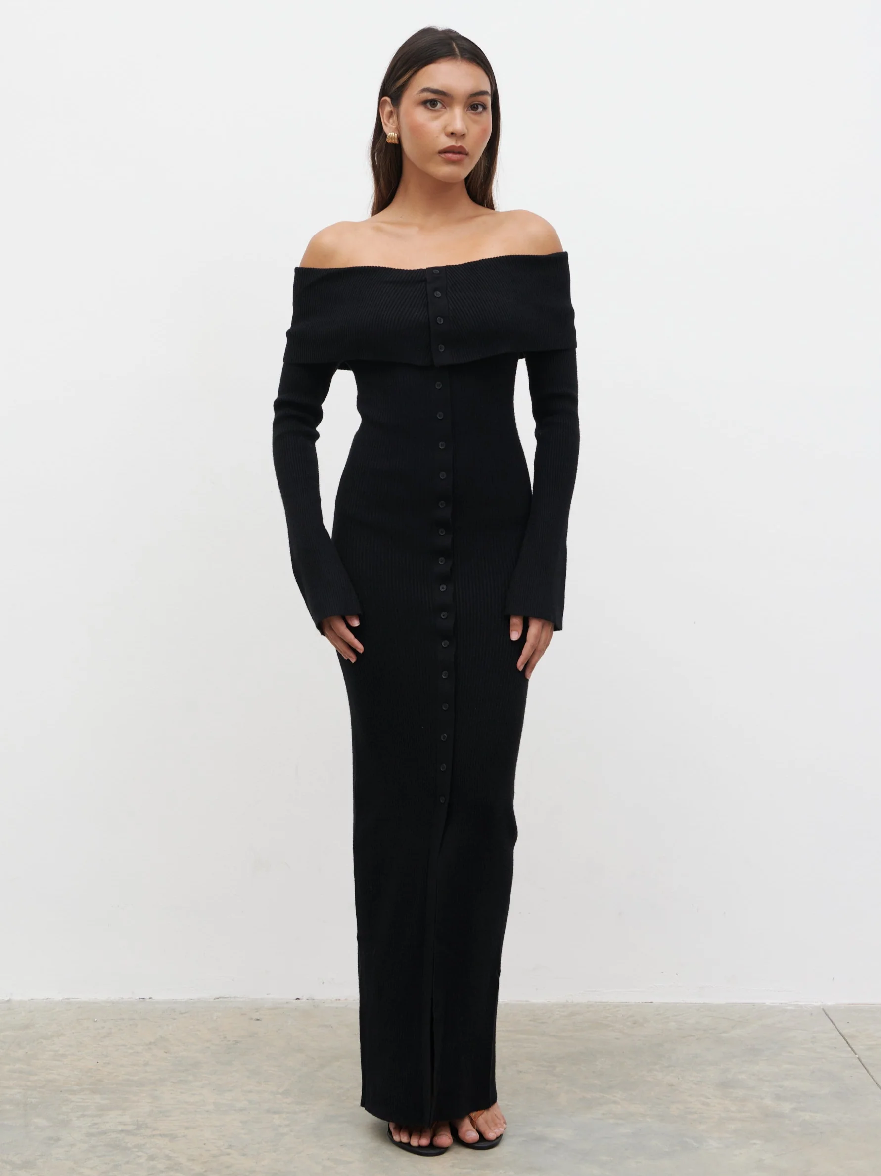 Elora Bardot Knit Maxi Dress - Black