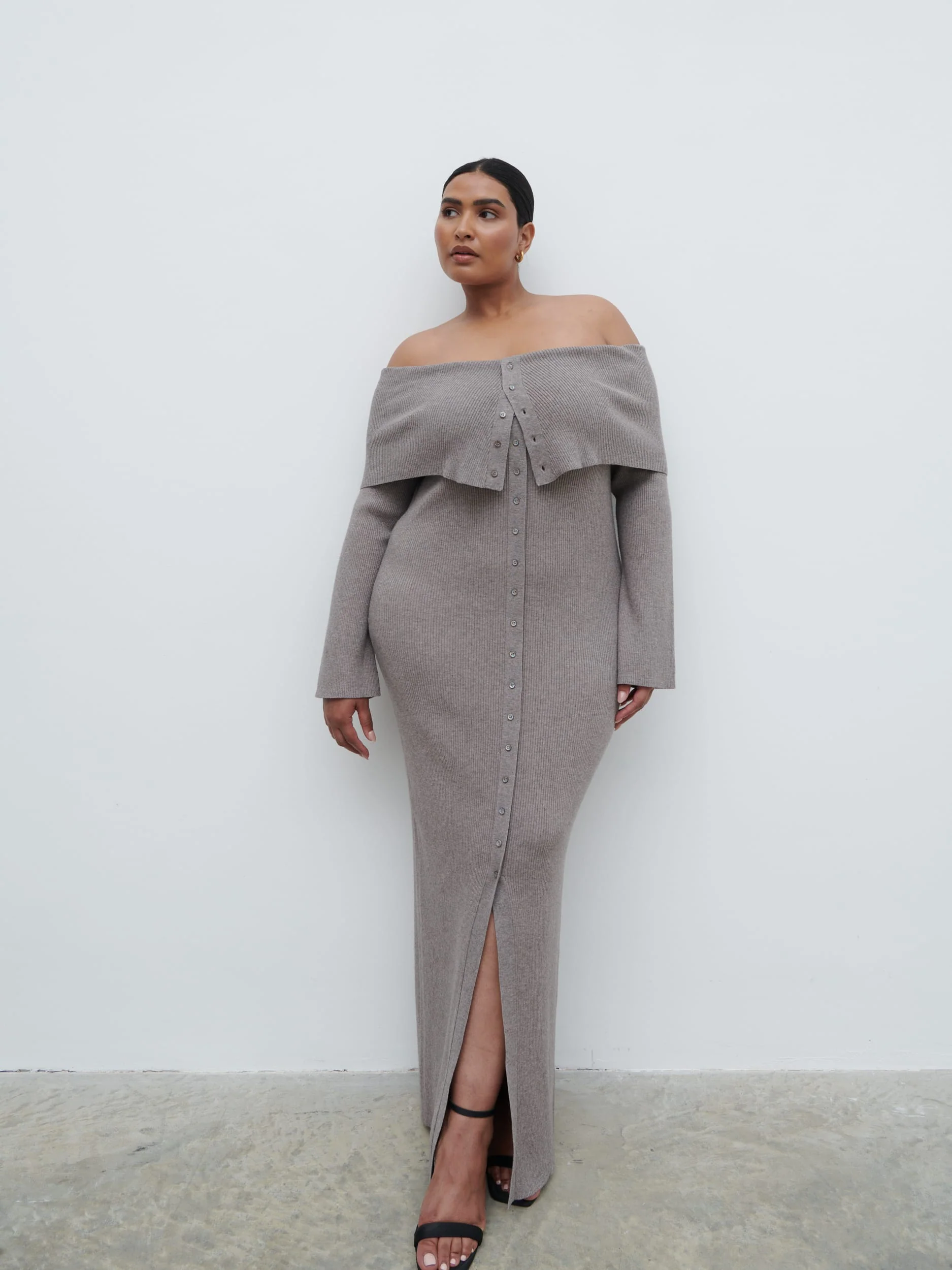 Elora Bardot Knit Maxi Dress Curve - Mink - Image 5