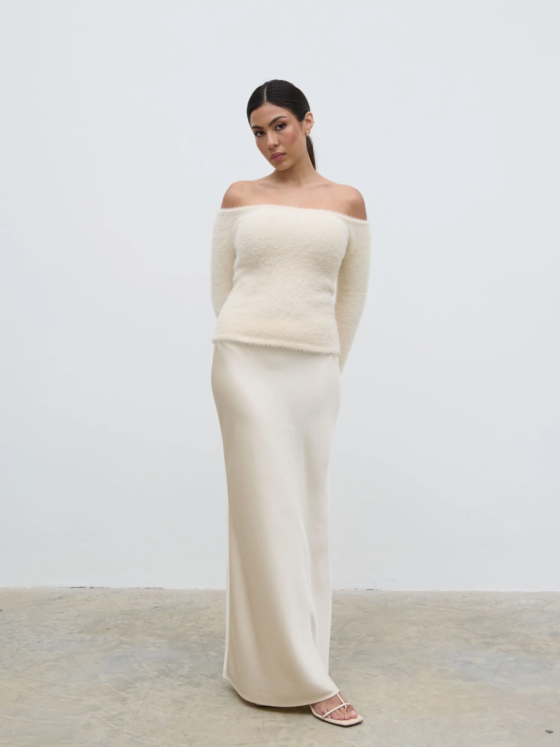 Erika Bardot Fluffy Knit Top - Cream - Image 2