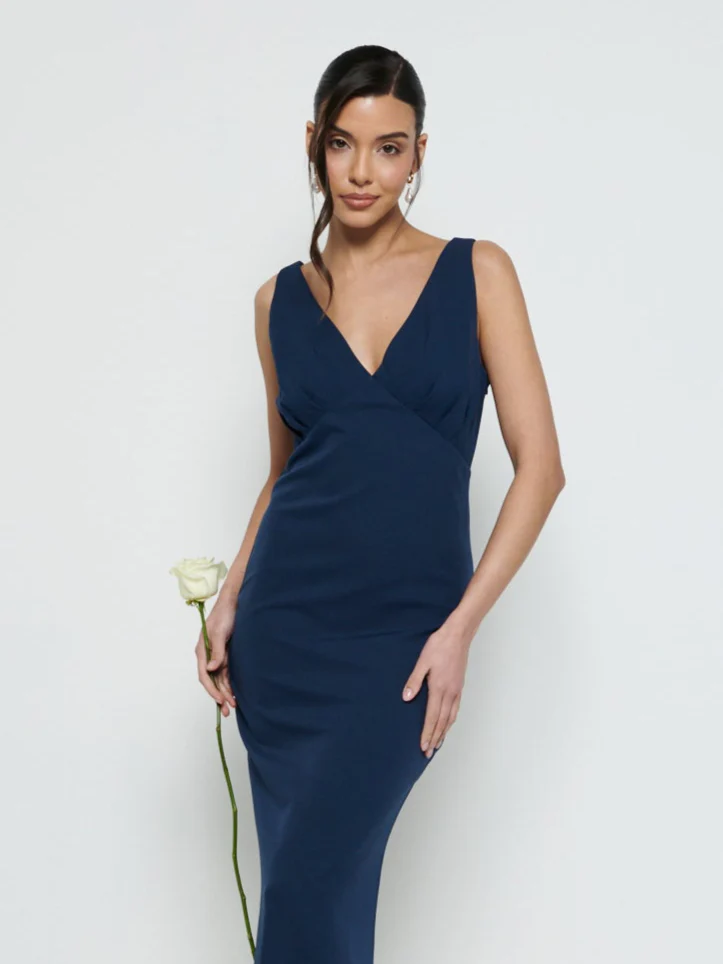 Esmee V-Neck Crepe Maxi Bridesmaid Dress - Navy - Image 2