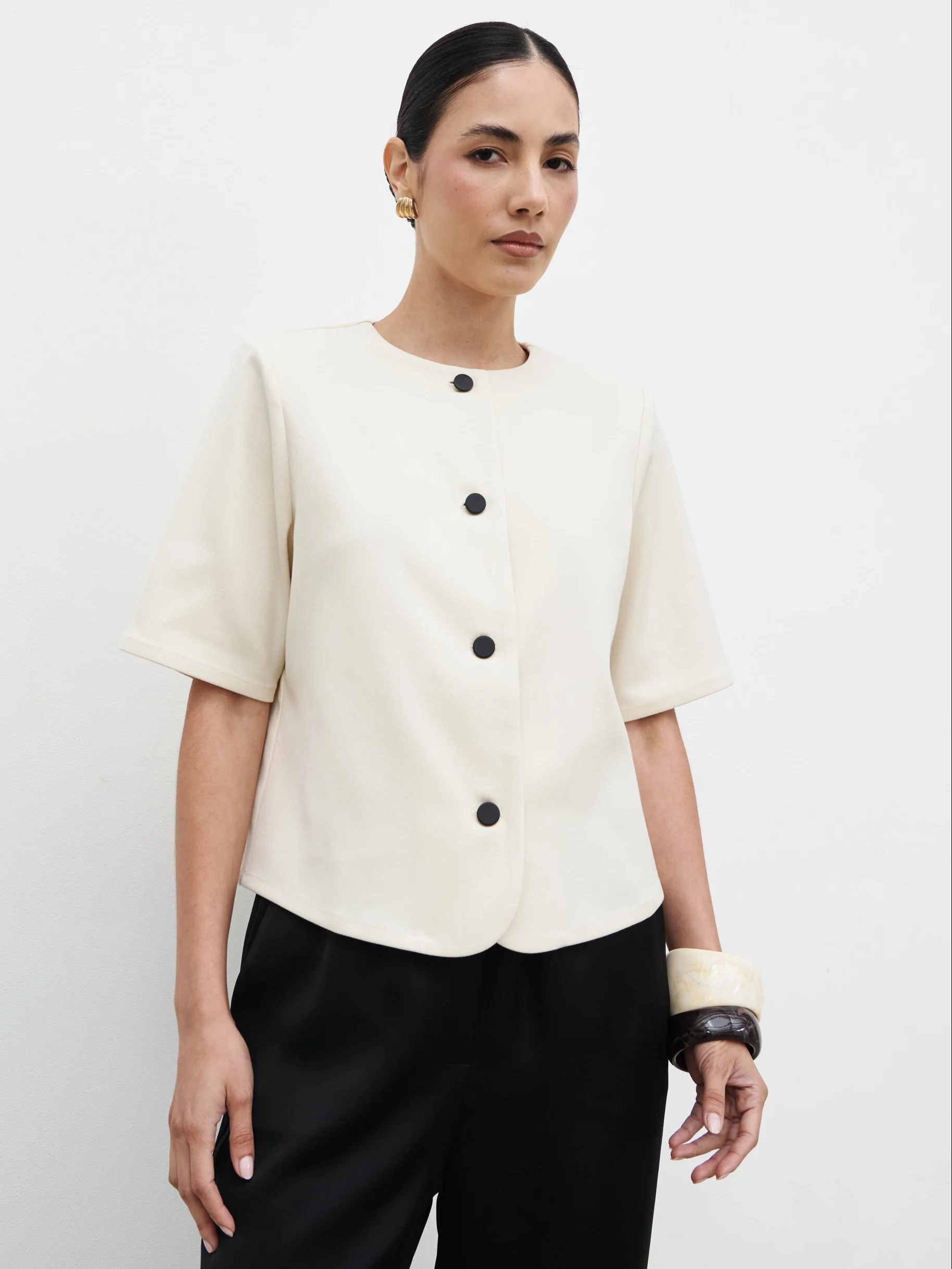 Essie Short Sleeve Button Down Top - Stone - Image 2