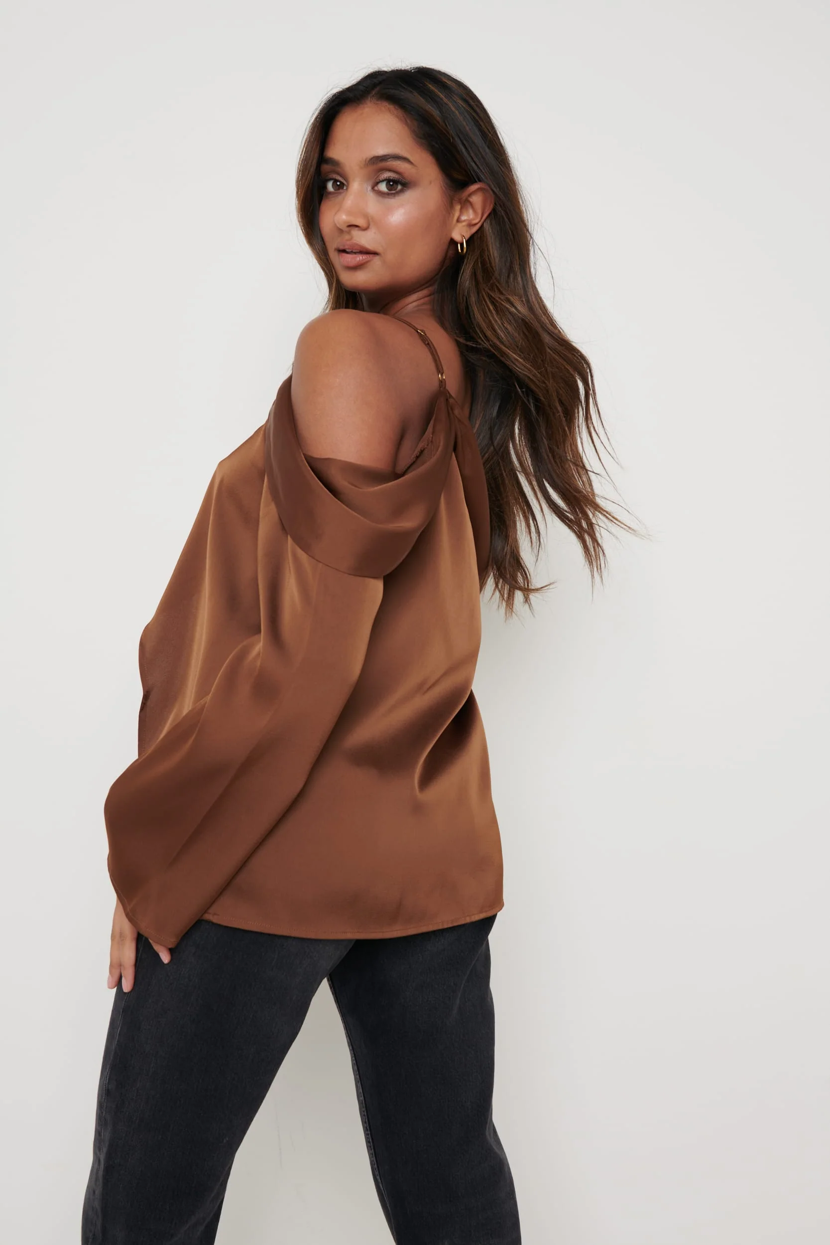 Estelle One Shoulder Drape Blouse - Brown - Image 3