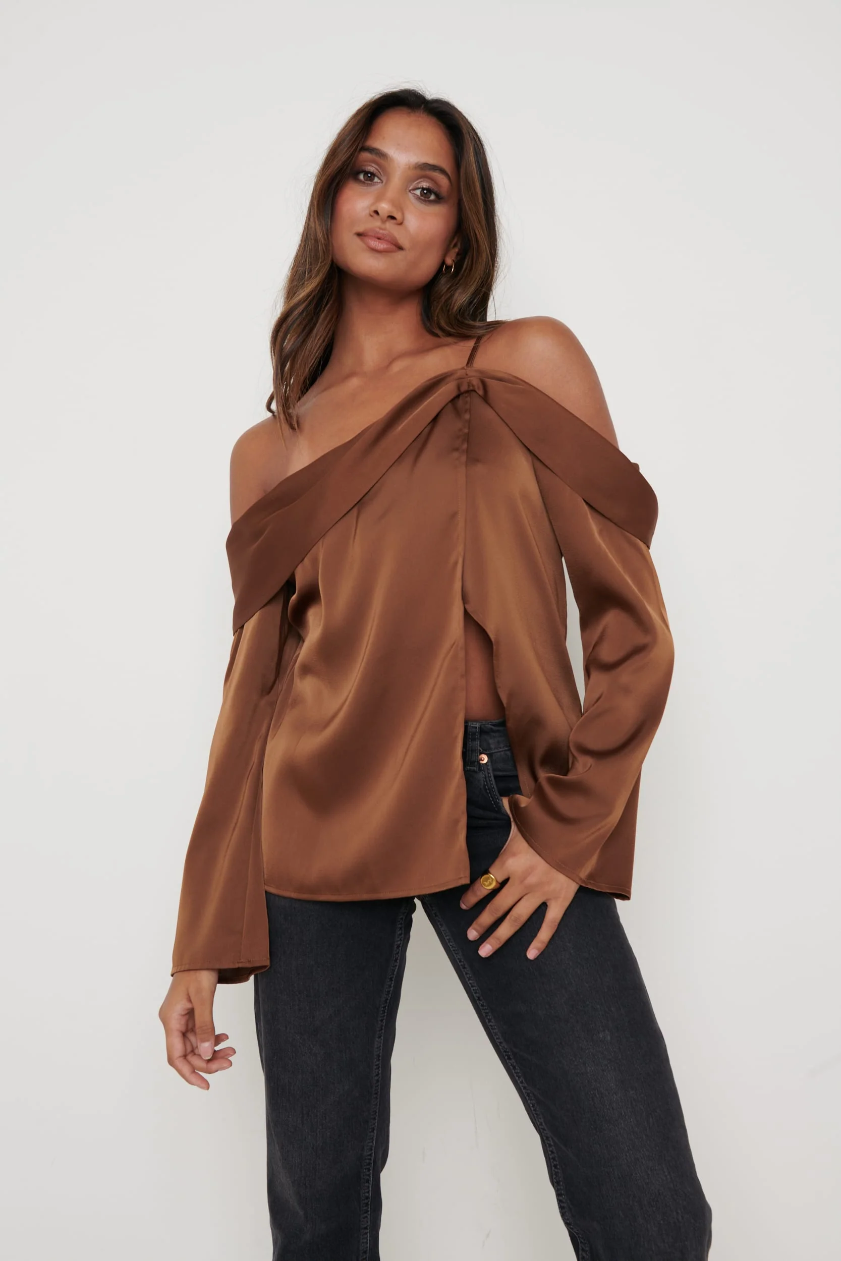 Estelle One Shoulder Drape Blouse - Brown - Image 4