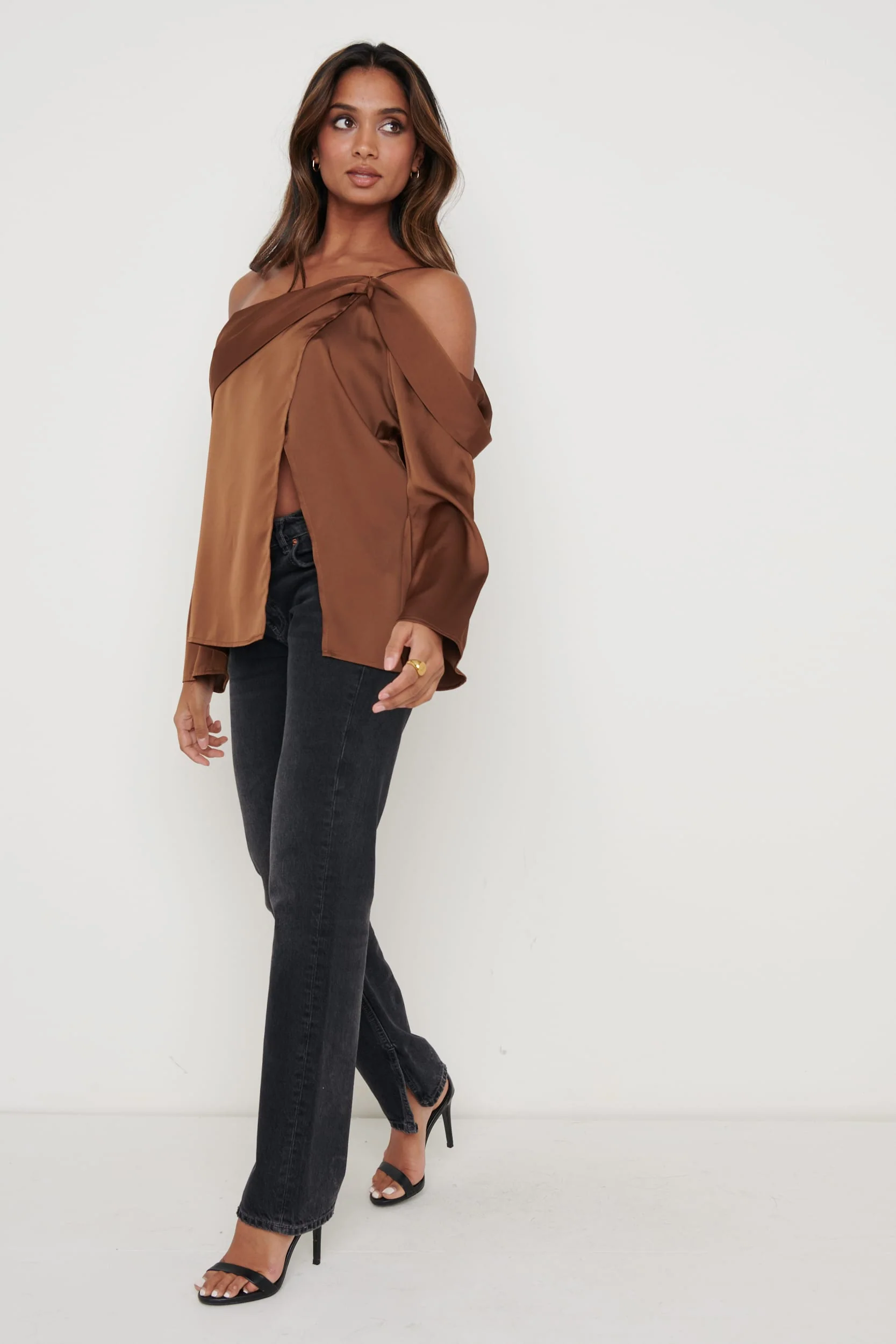 Estelle One Shoulder Drape Blouse - Brown - Image 5