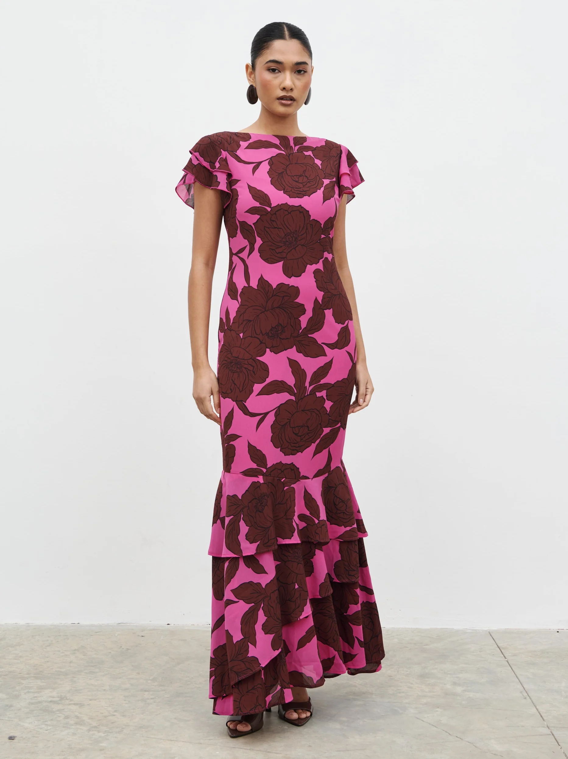 Ester Ruffle Maxi Dress - Brown and Fuchsia Floral