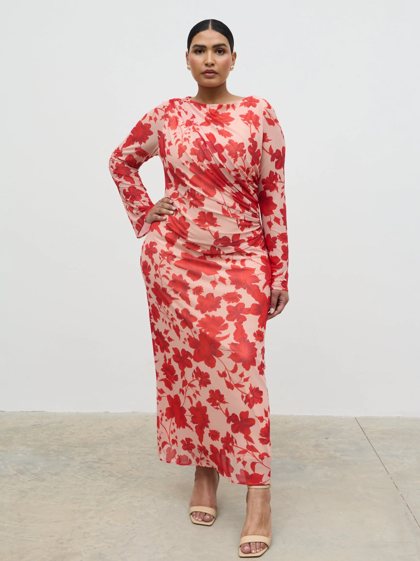 Ethel Long Sleeve Jersey Midaxi Dress Curve - Red Floral