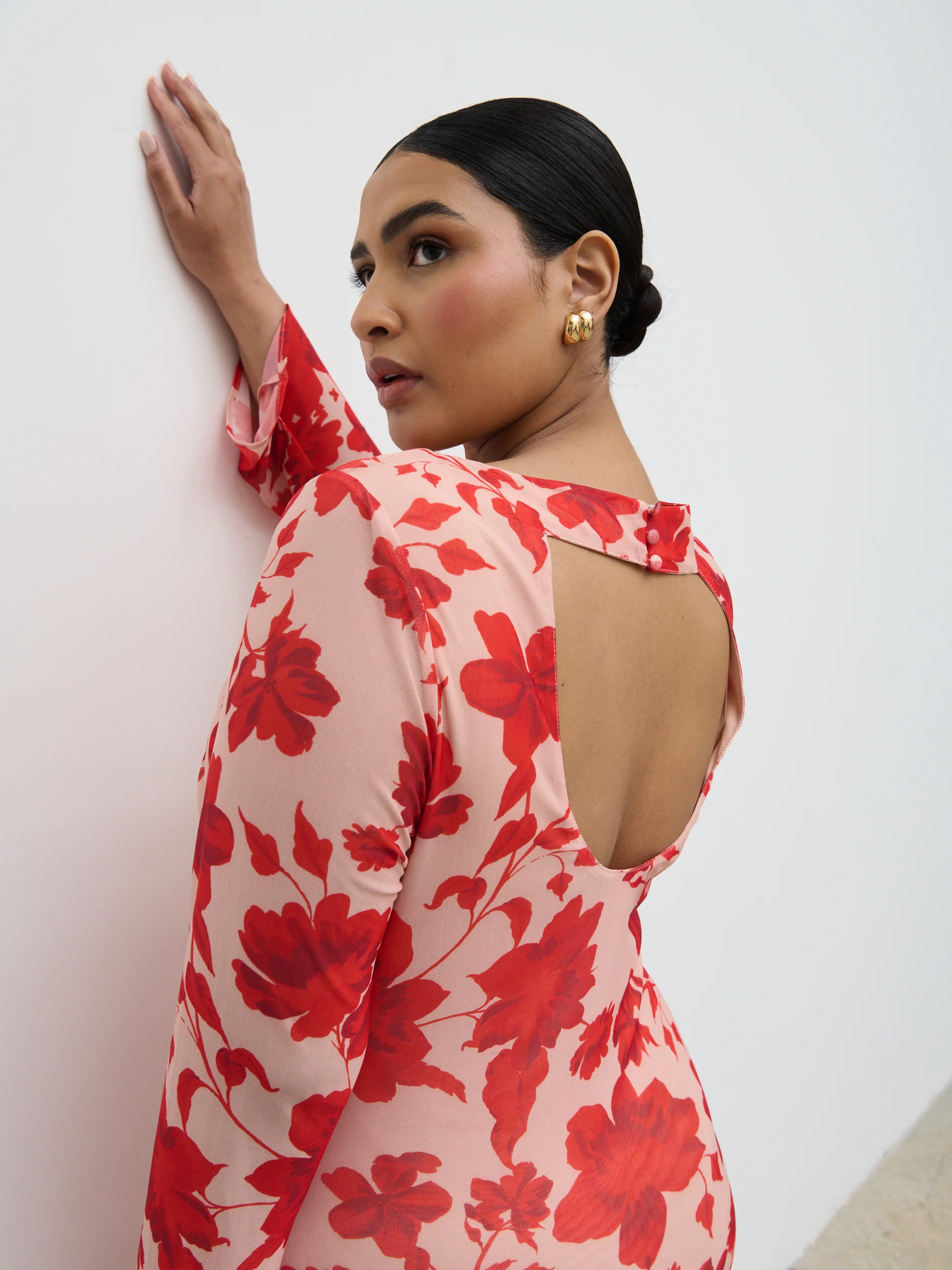 Ethel Long Sleeve Jersey Midaxi Dress Curve - Red Floral - Image 2