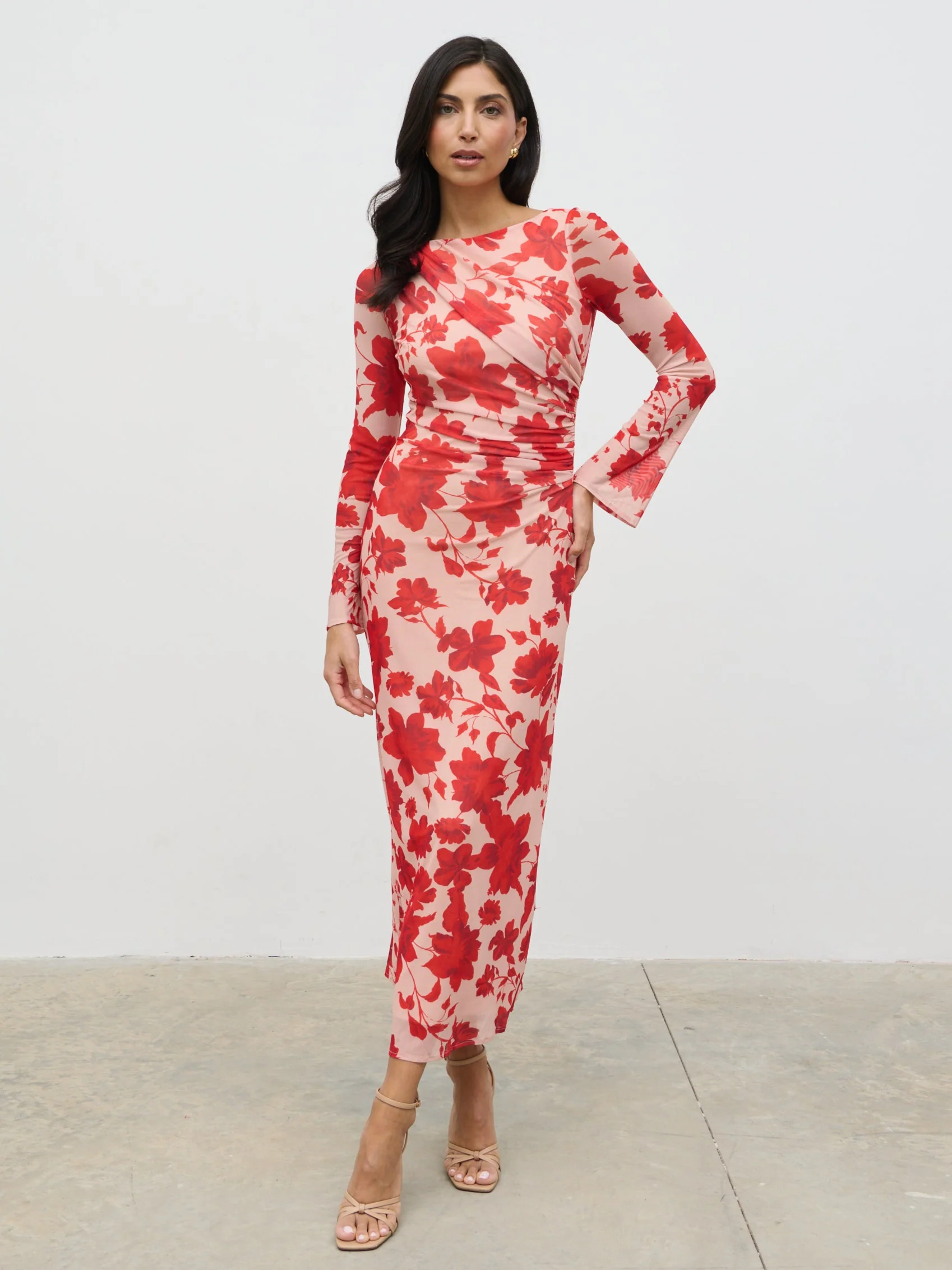 Ethel Long Sleeve Jersey Midaxi Dress - Red Floral