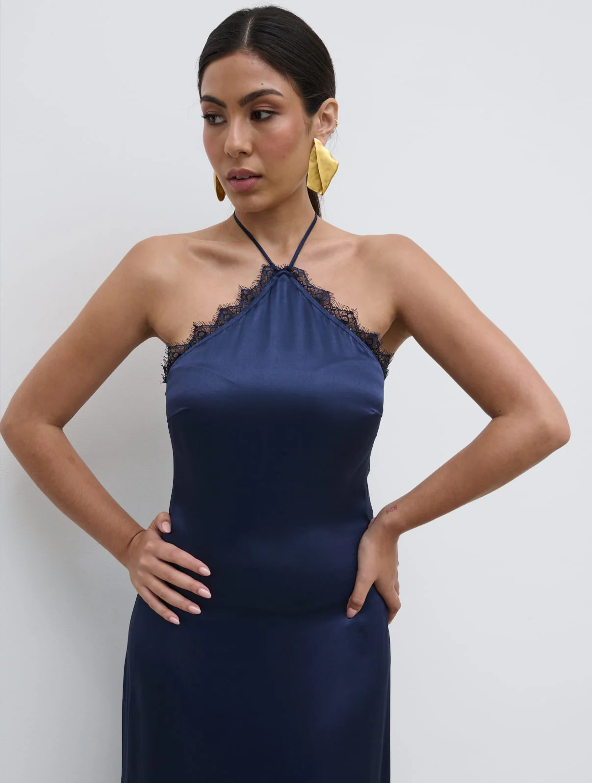 Everly Lace Trim Halter Maxi Dress - Navy - Image 2