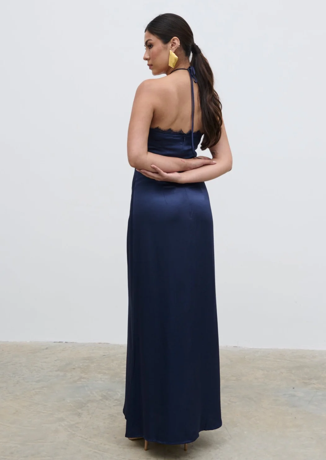 Everly Lace Trim Halter Maxi Dress - Navy - Image 3