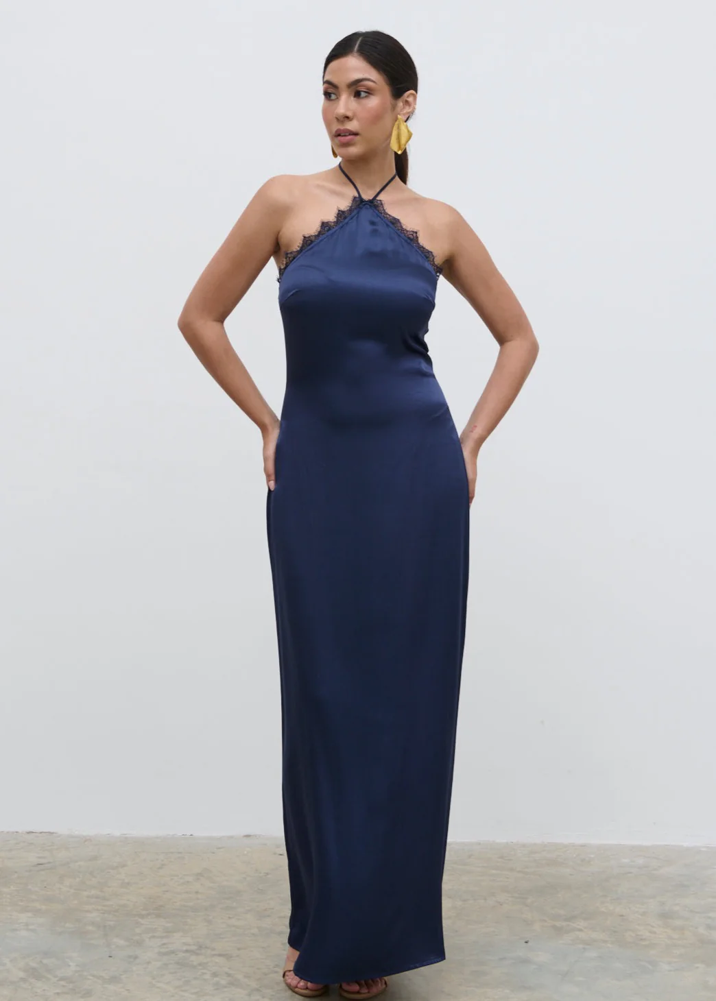 Everly Lace Trim Halter Maxi Dress - Navy - Image 4