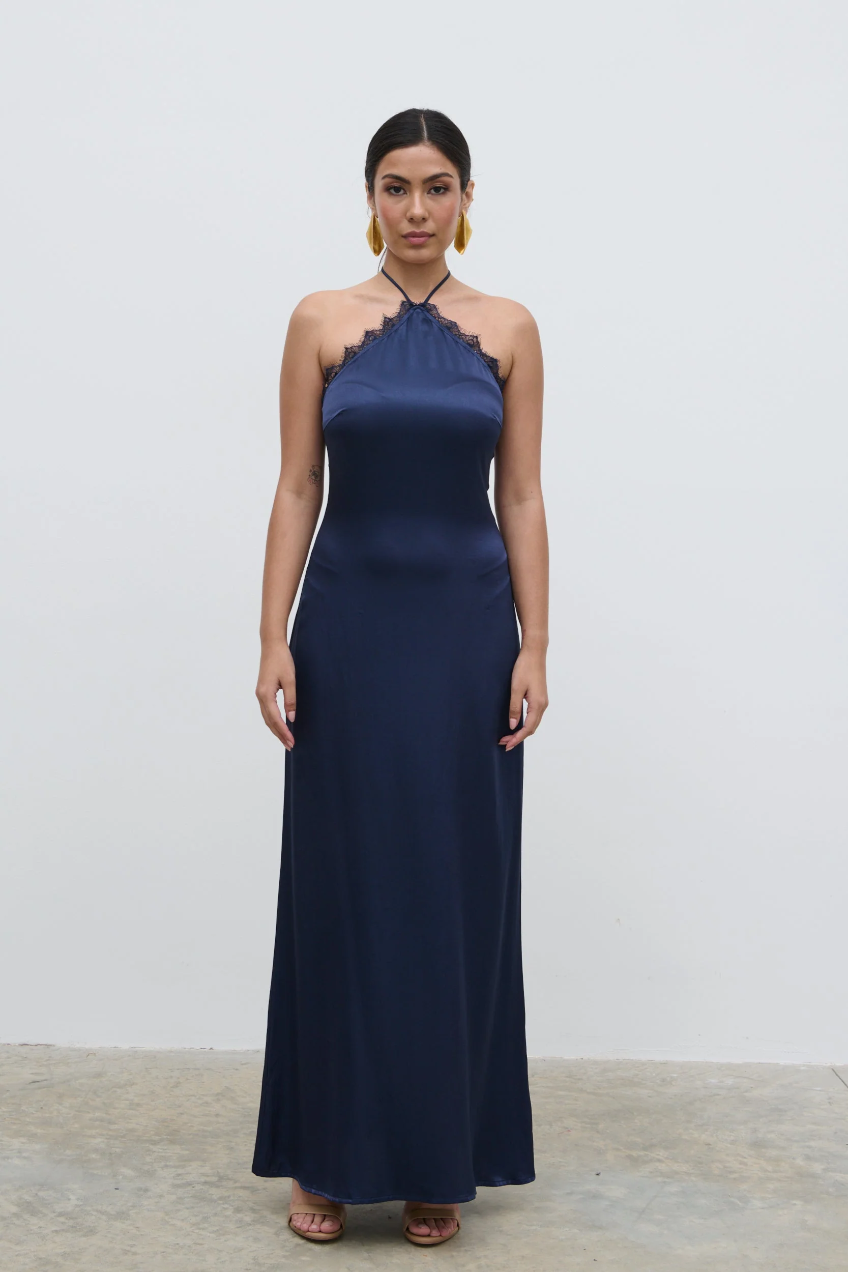 Everly Lace Trim Halter Maxi Dress - Navy - Image 5