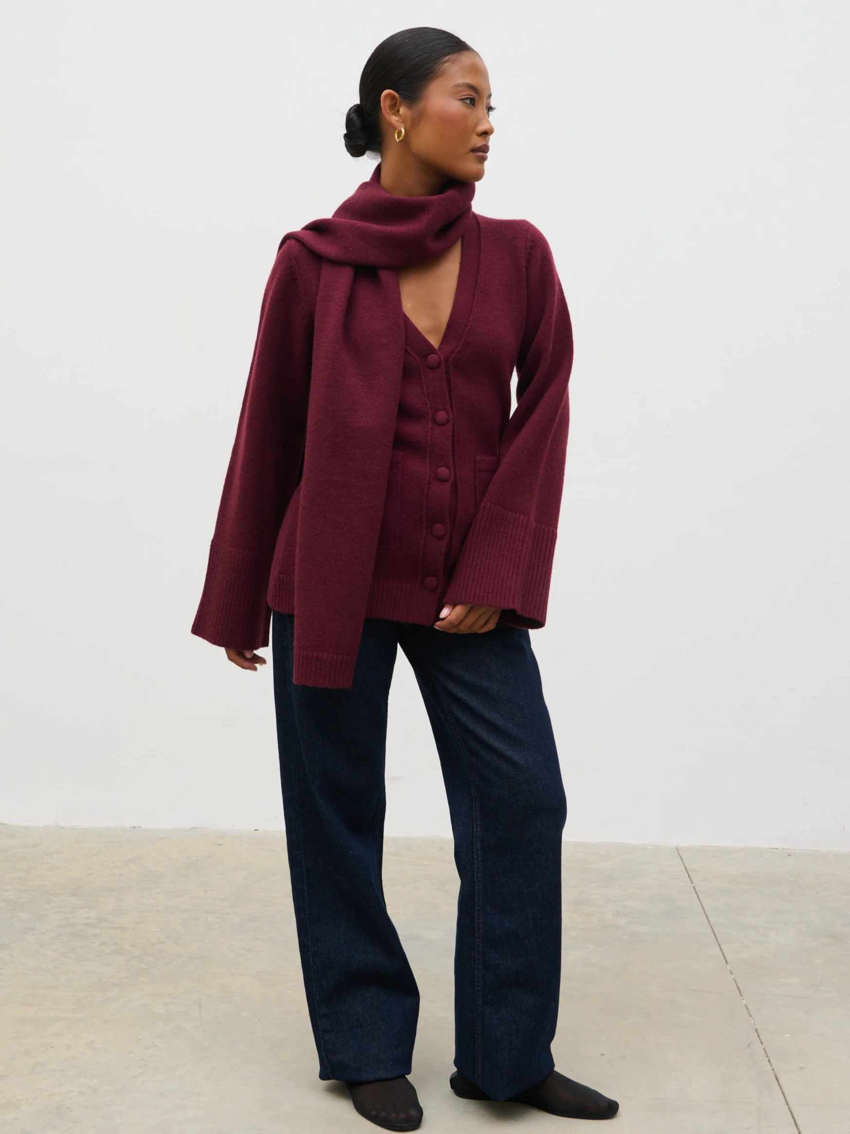 Florie Knit Cardigan with Scarf - Wine - Image 3