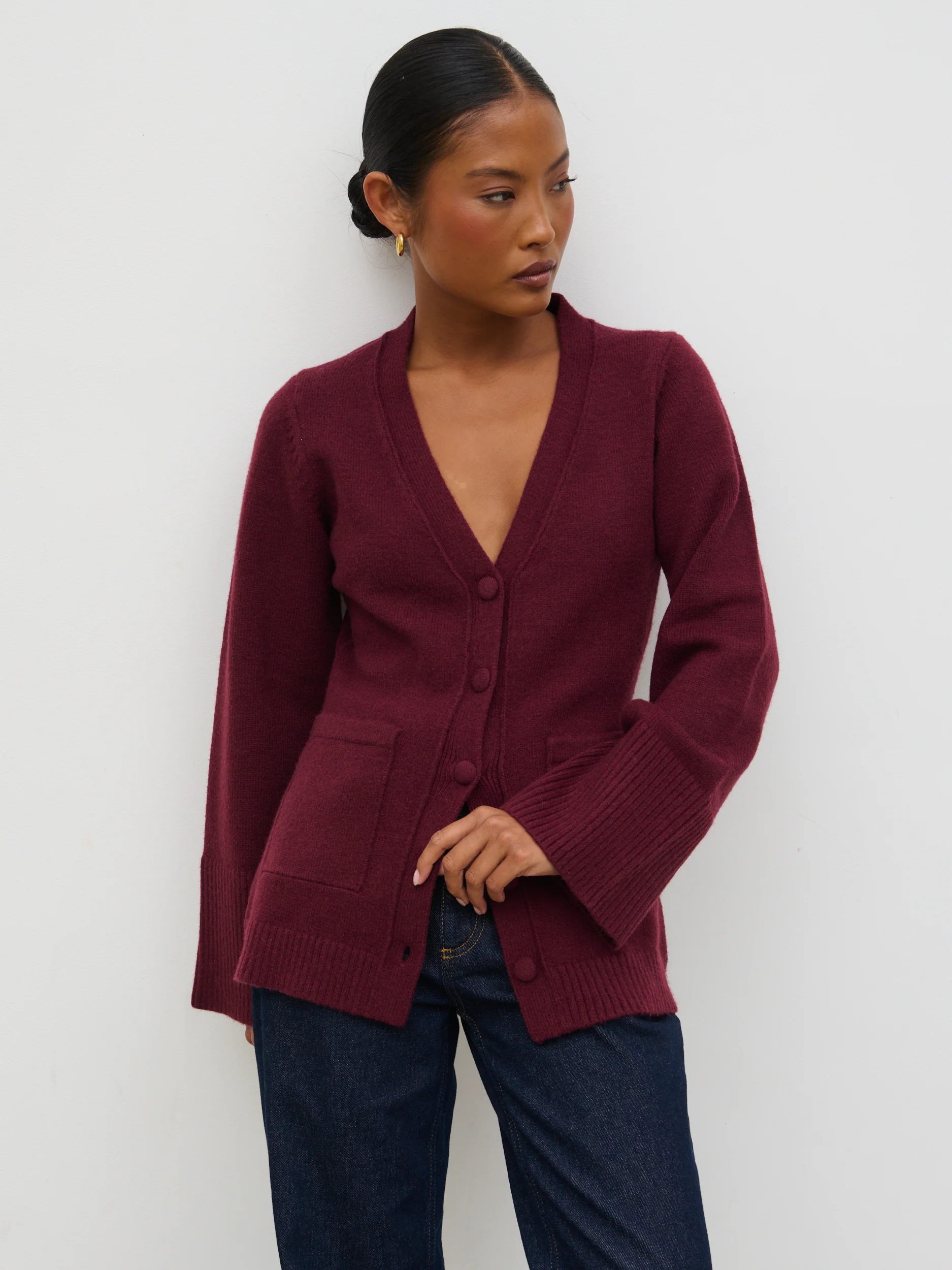 Florie Knit Cardigan with Scarf - Wine - Image 4