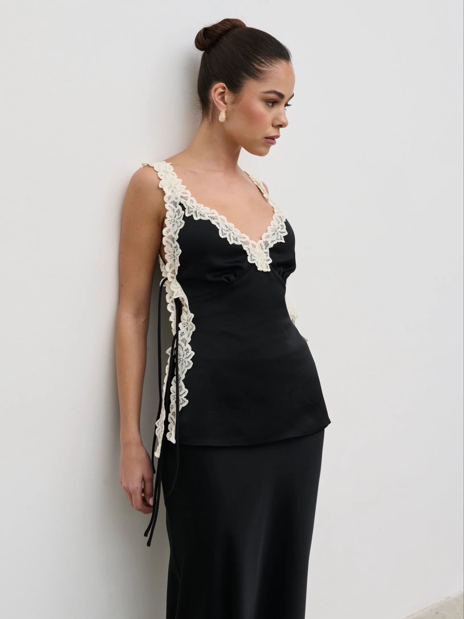 Franca Lace Insert Satin Cami Top - Black and Cream