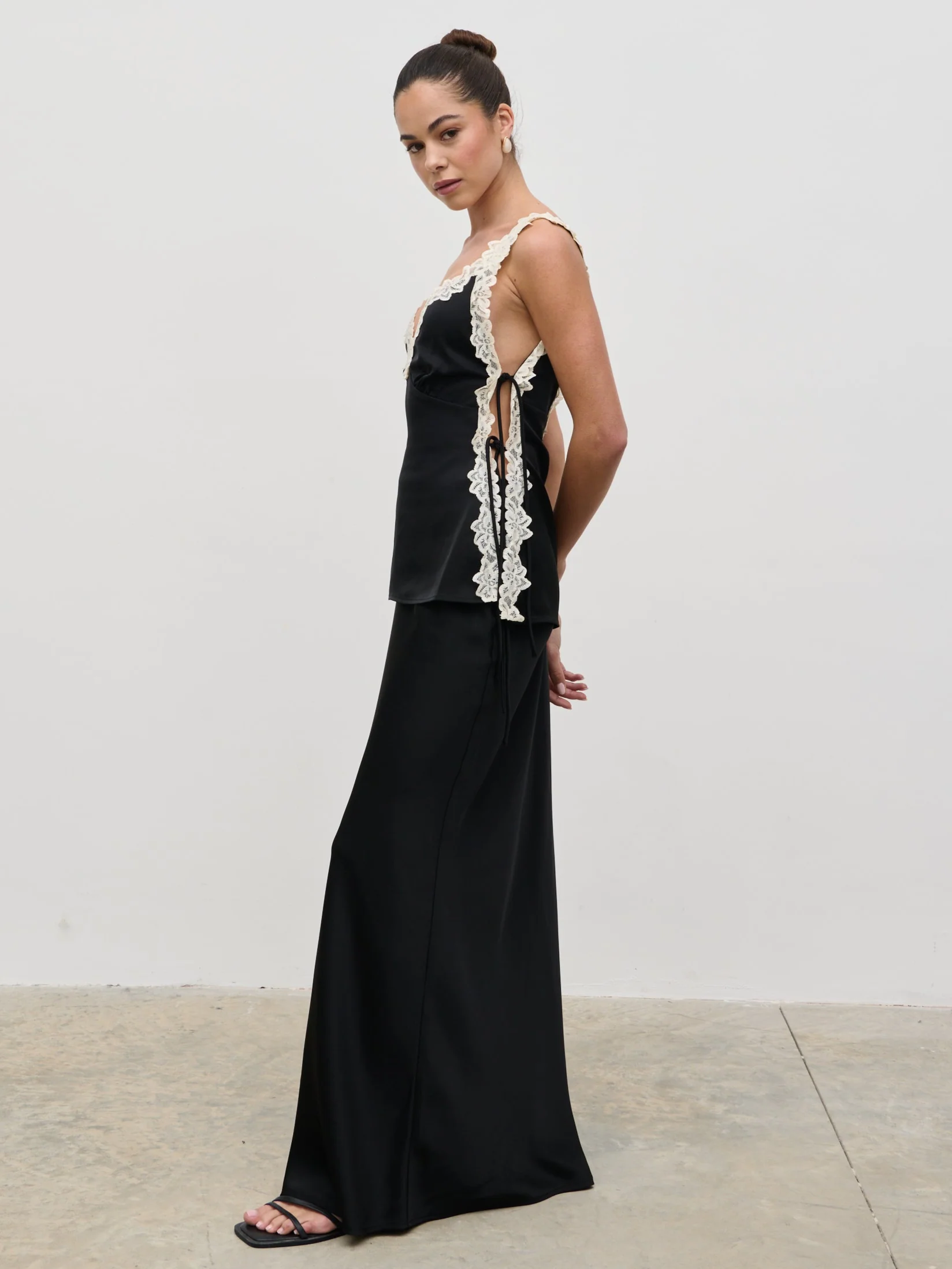 Franca Lace Insert Satin Cami Top - Black and Cream - Image 2
