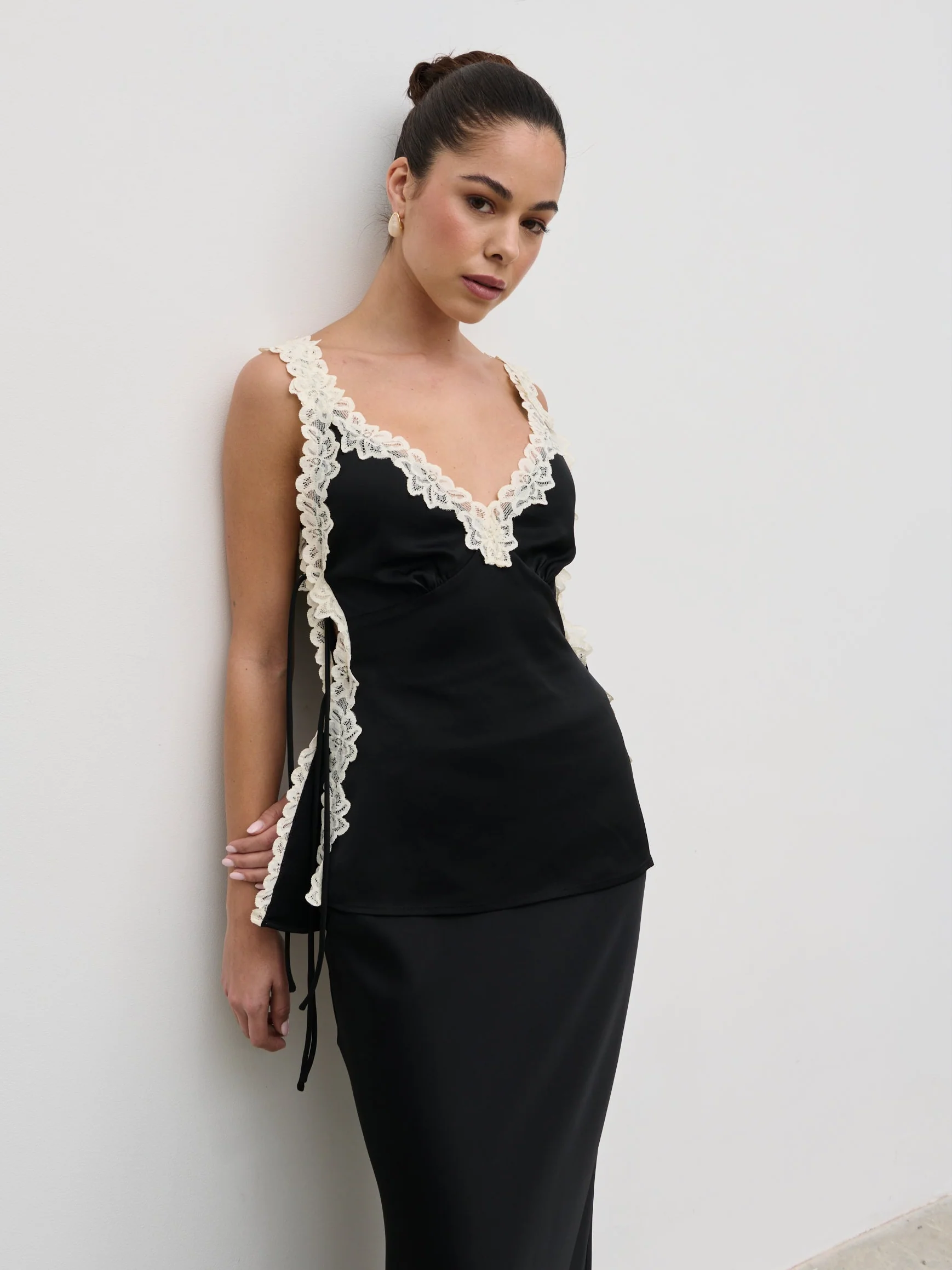 Franca Lace Insert Satin Cami Top - Black and Cream - Image 3