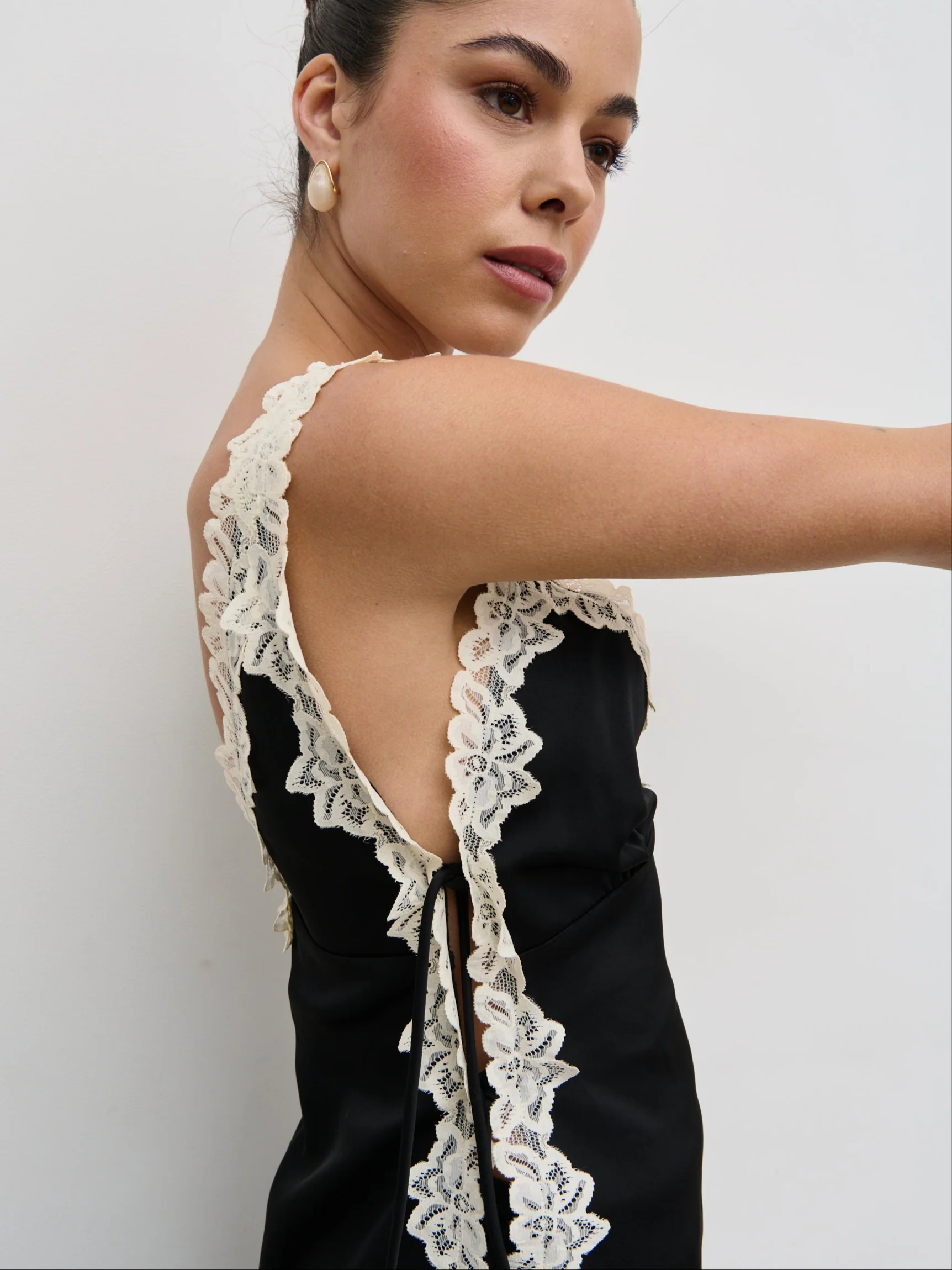 Franca Lace Insert Satin Cami Top - Black and Cream - Image 4