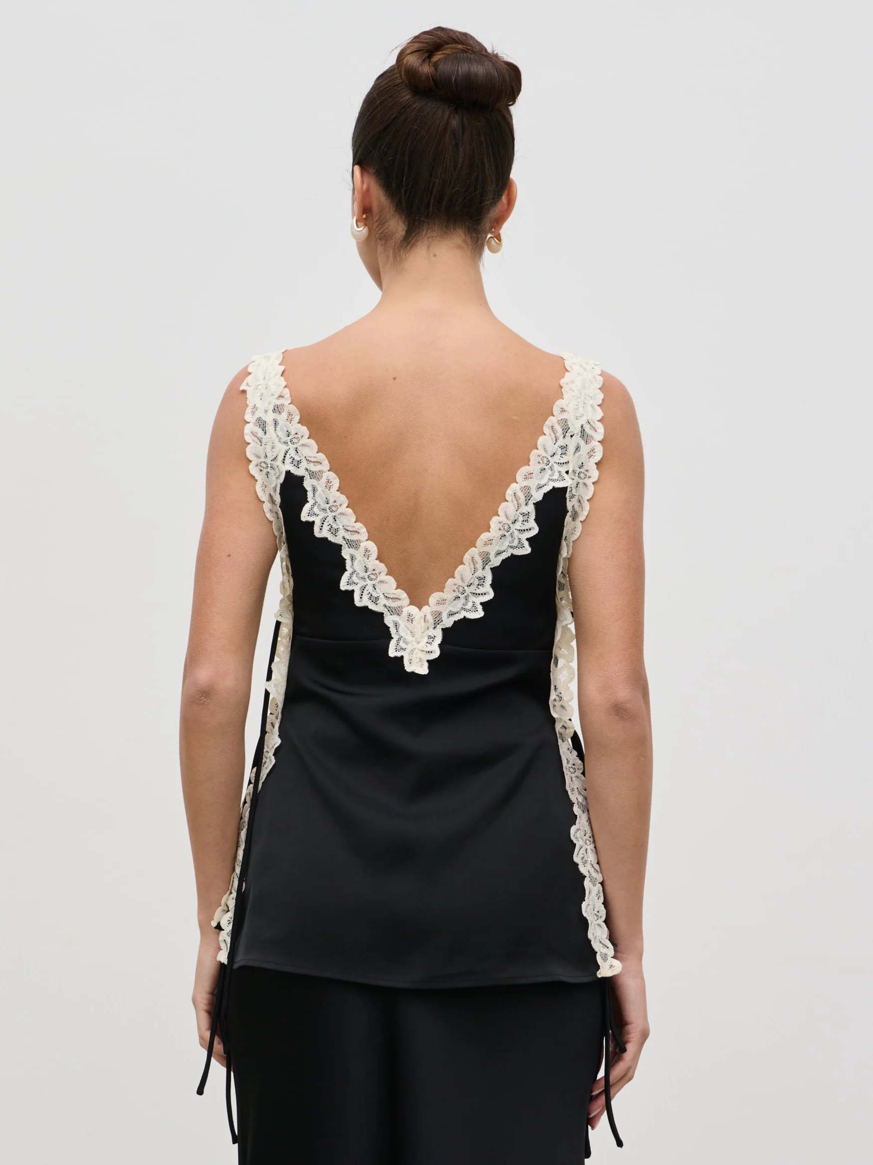 Franca Lace Insert Satin Cami Top - Black and Cream - Image 6