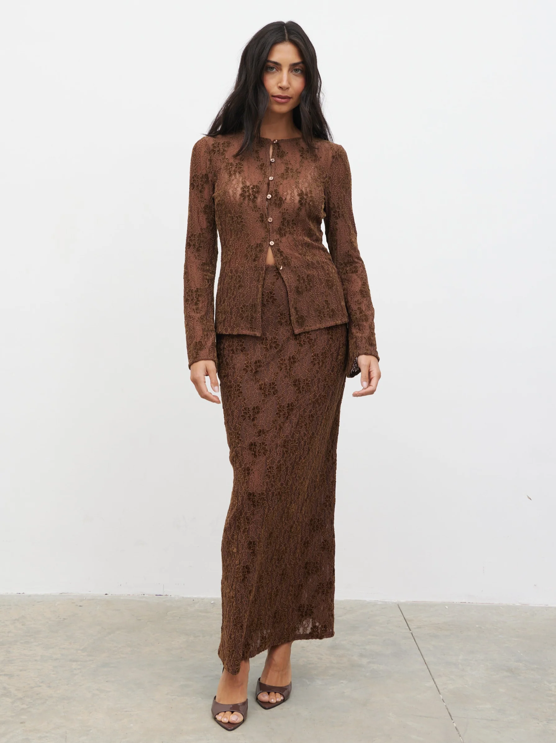 Francessca Lace Maxi Skirt - Brown Velvet
