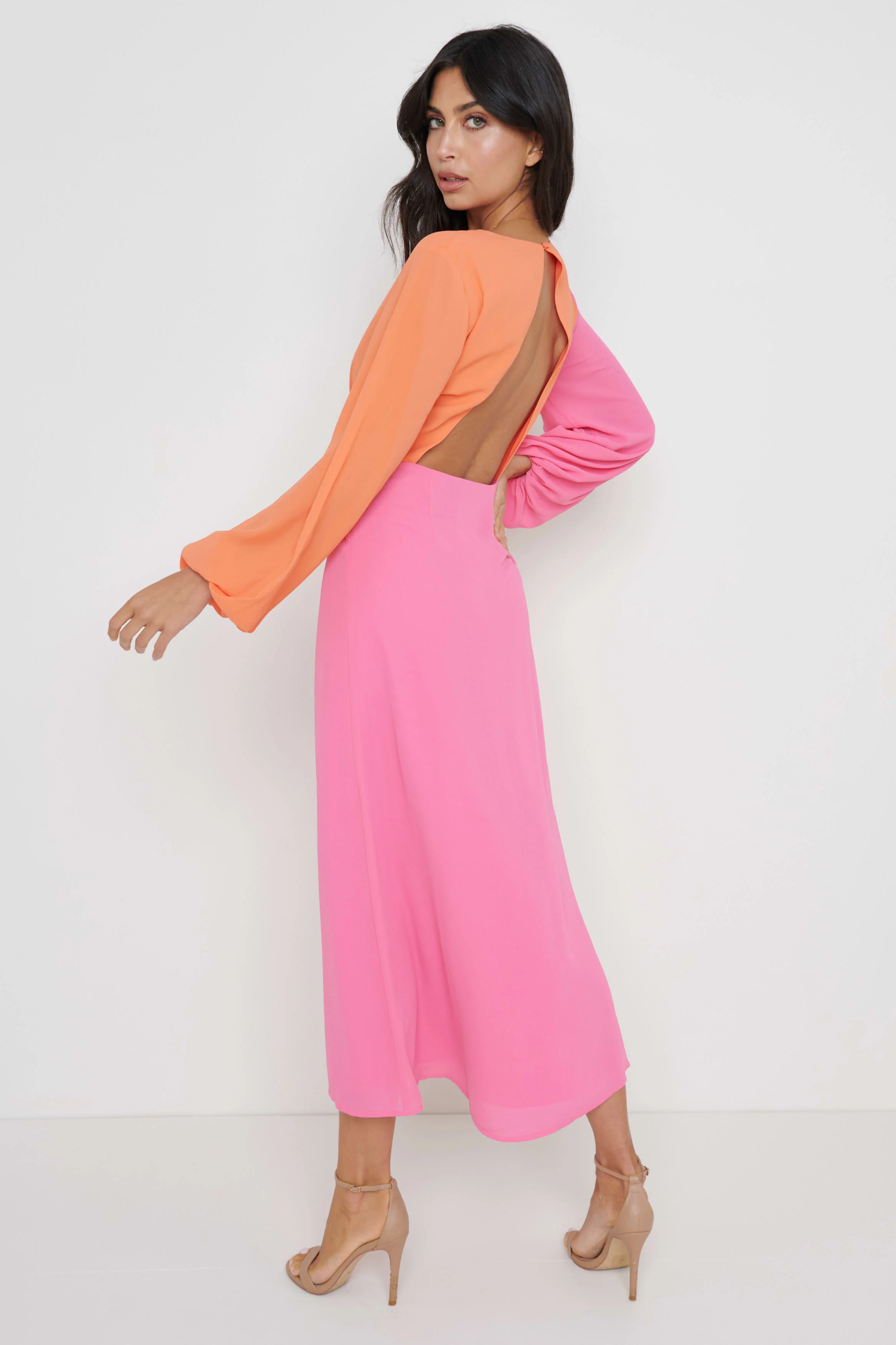 FRIEDA KNOT CONTRAST DRESS- ORANGE AND PINK - Image 2