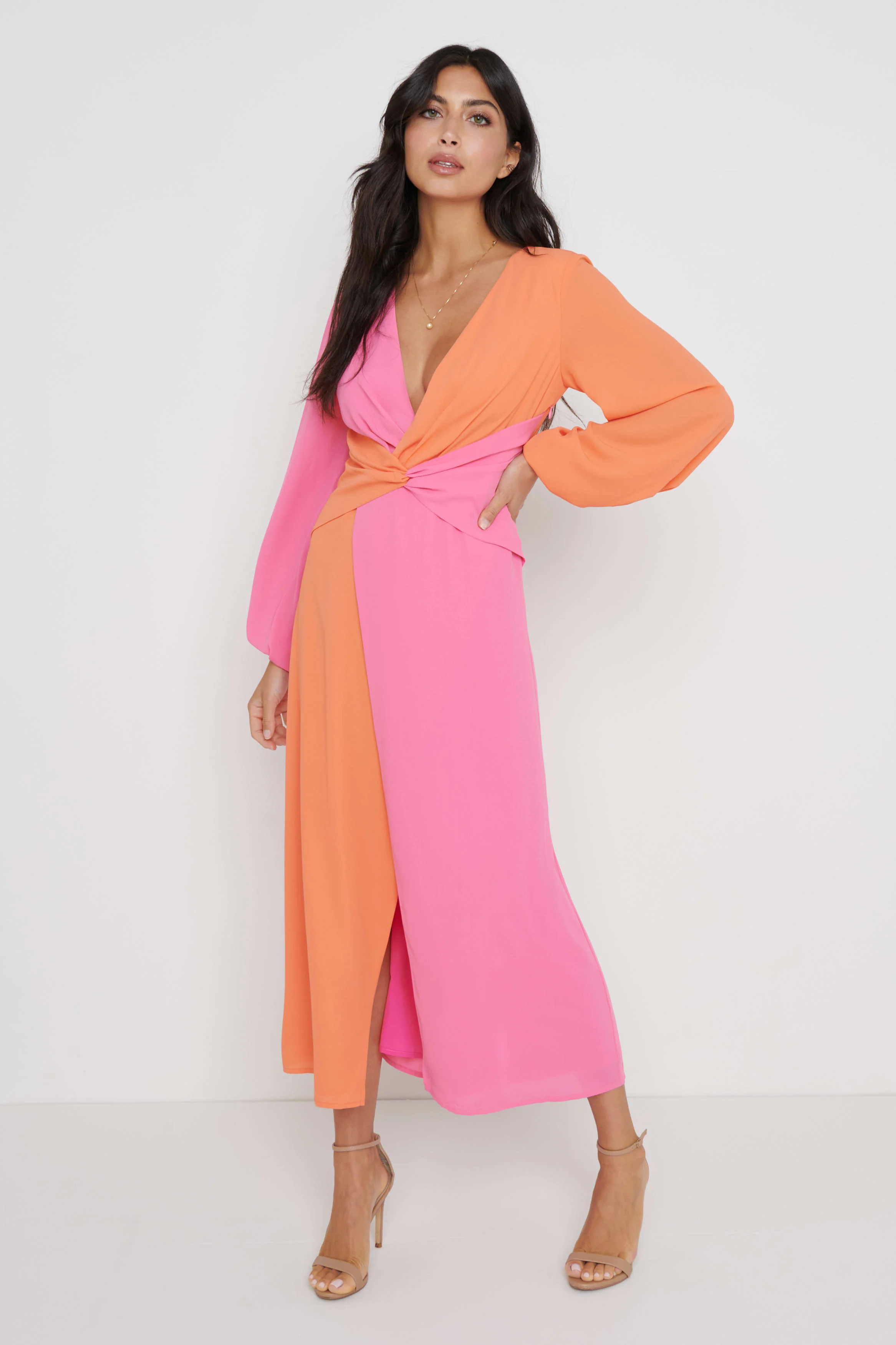 FRIEDA KNOT CONTRAST DRESS- ORANGE AND PINK - Image 4