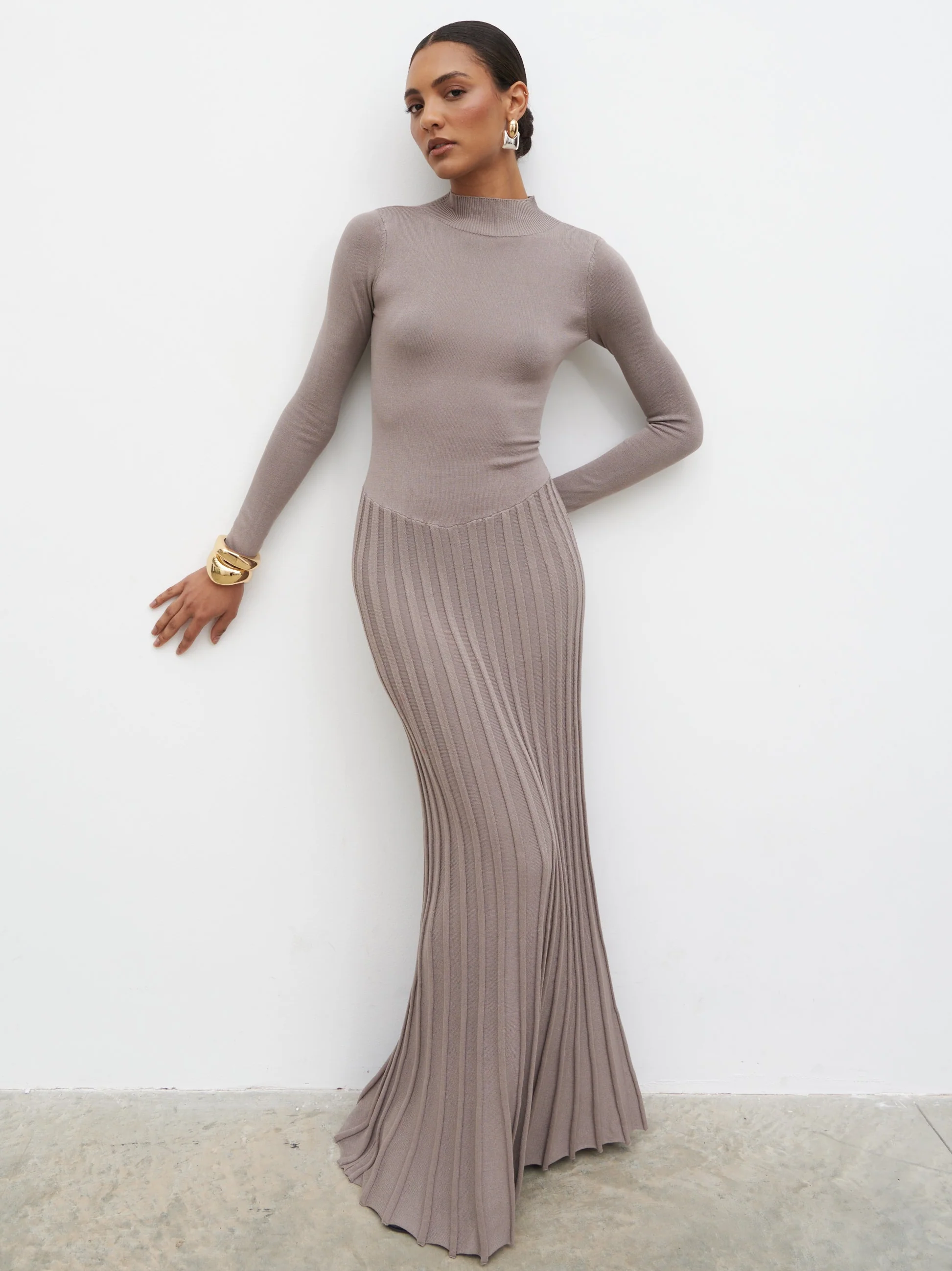 Gloria Fine Knit Pleated Maxi Dress - Dark Taupe