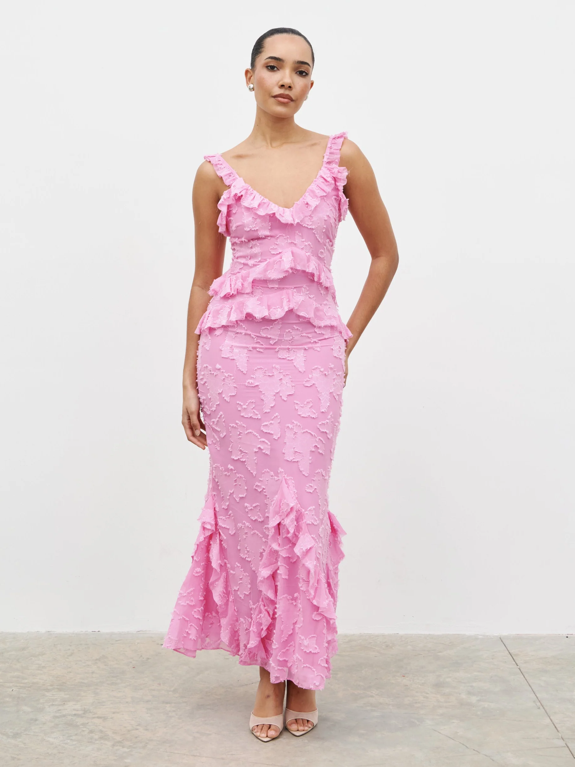 Helena Ruffle Jacquard Maxi Dress - Peony Pink
